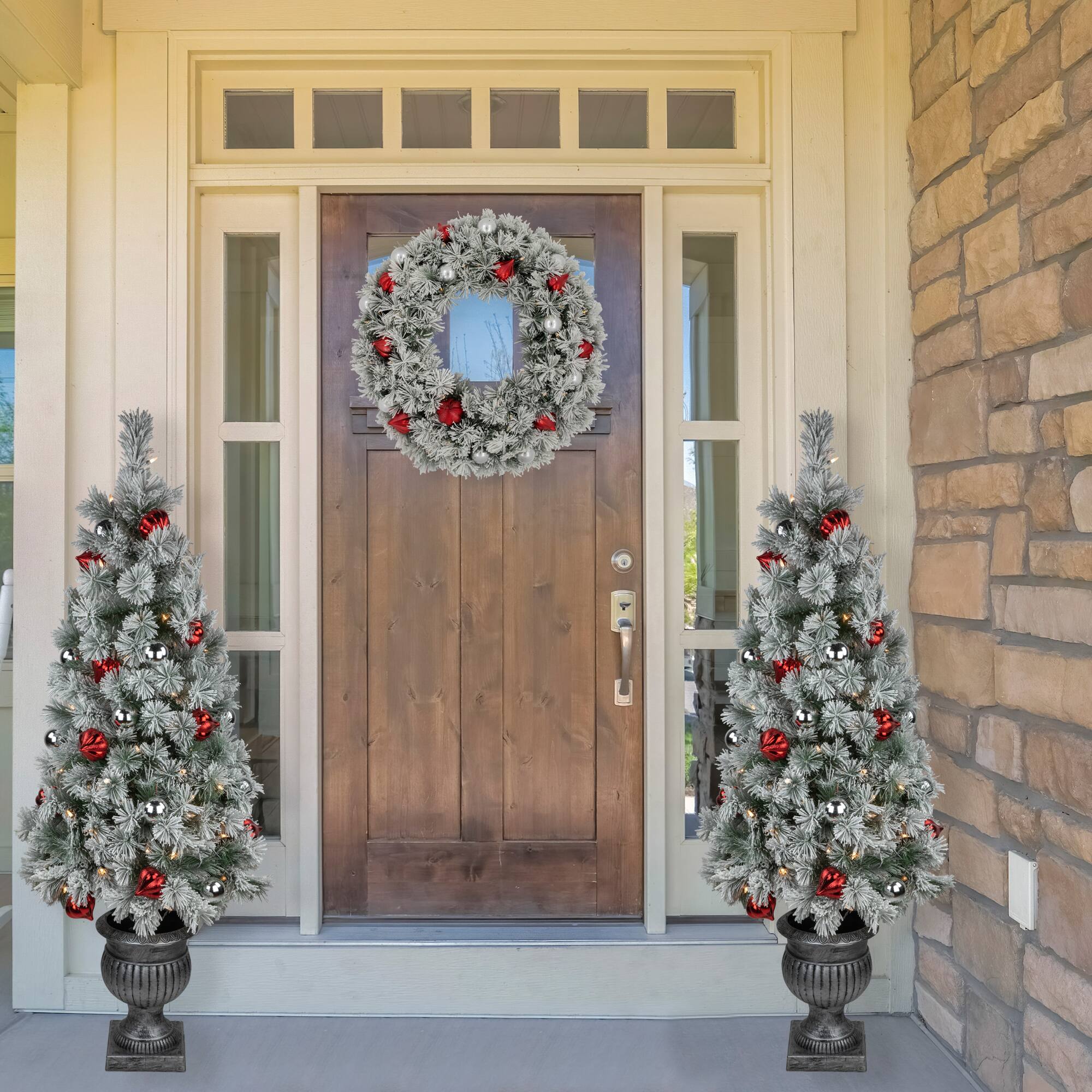 5ft. Pre-Lit Snowy Bristle Pine Artificial Christmas Tree in Silver Urn, Clear Lights