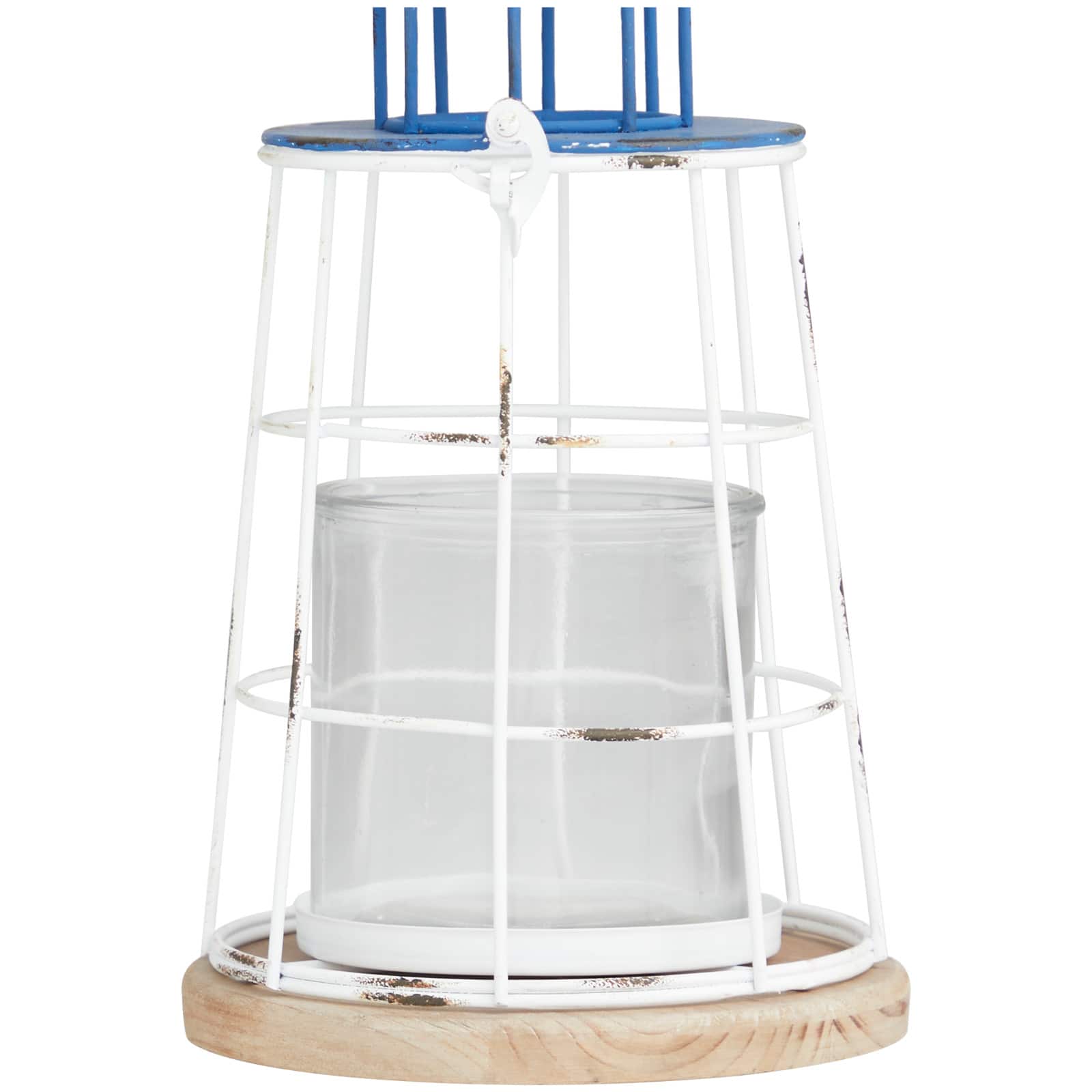 12" Blue Metal Distressed Decorative Light House Candle Lantern