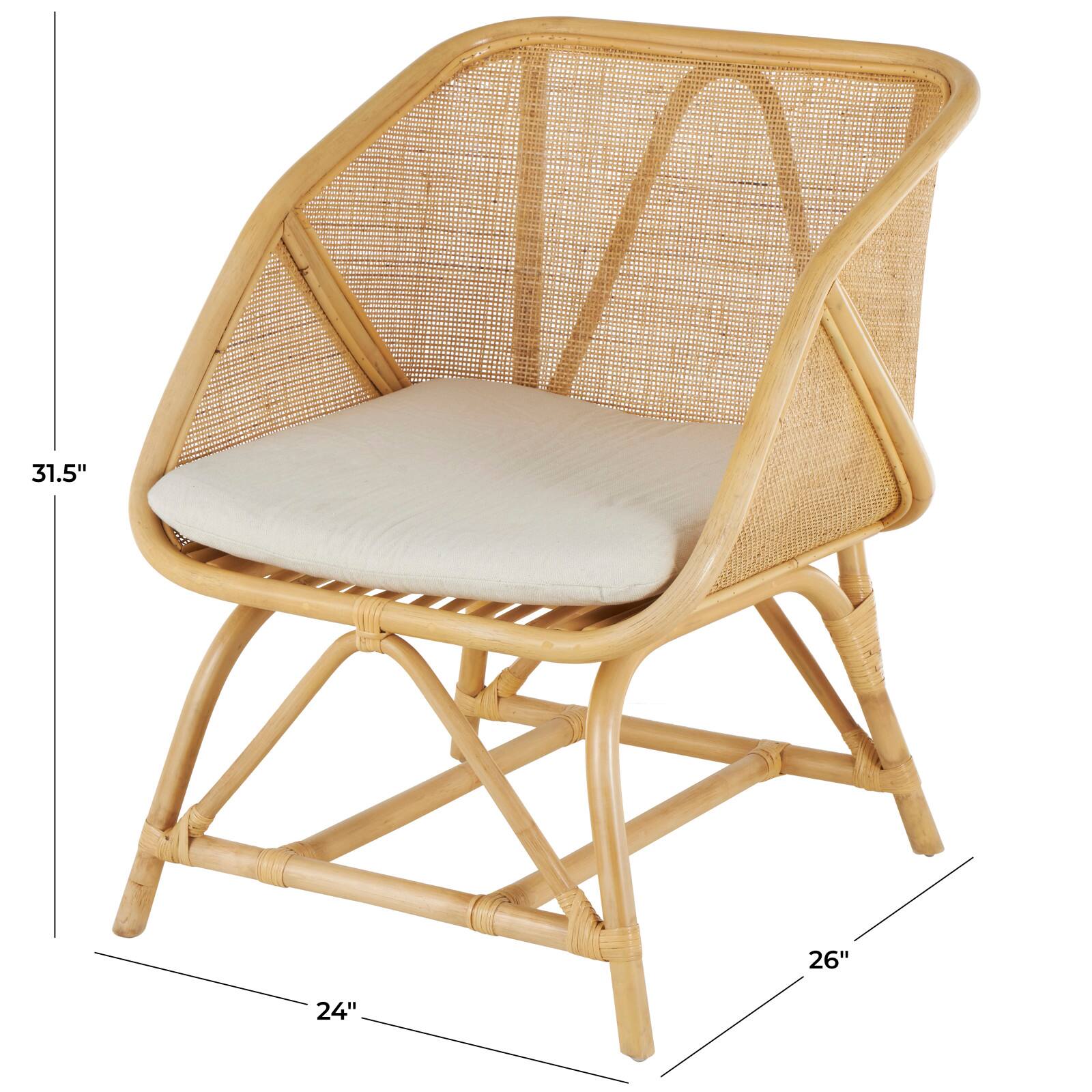32" x 26" x 24" Light Brown Rattan Woven Squared Accent Chair with White Fabric Cushion