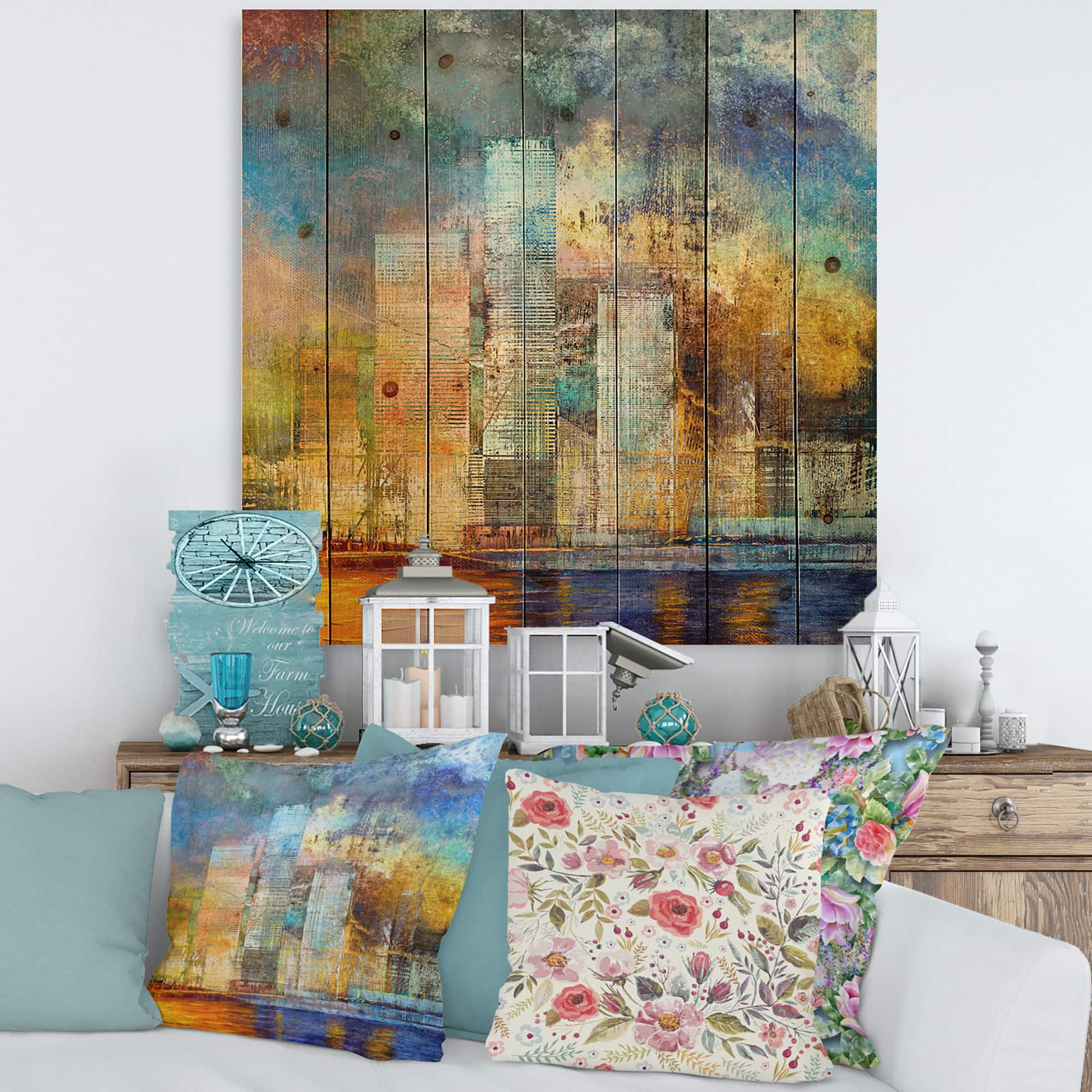 Designart - Skypscrapers By The Bridge In Futuristic City - Modern Print on Natural Pine Wood