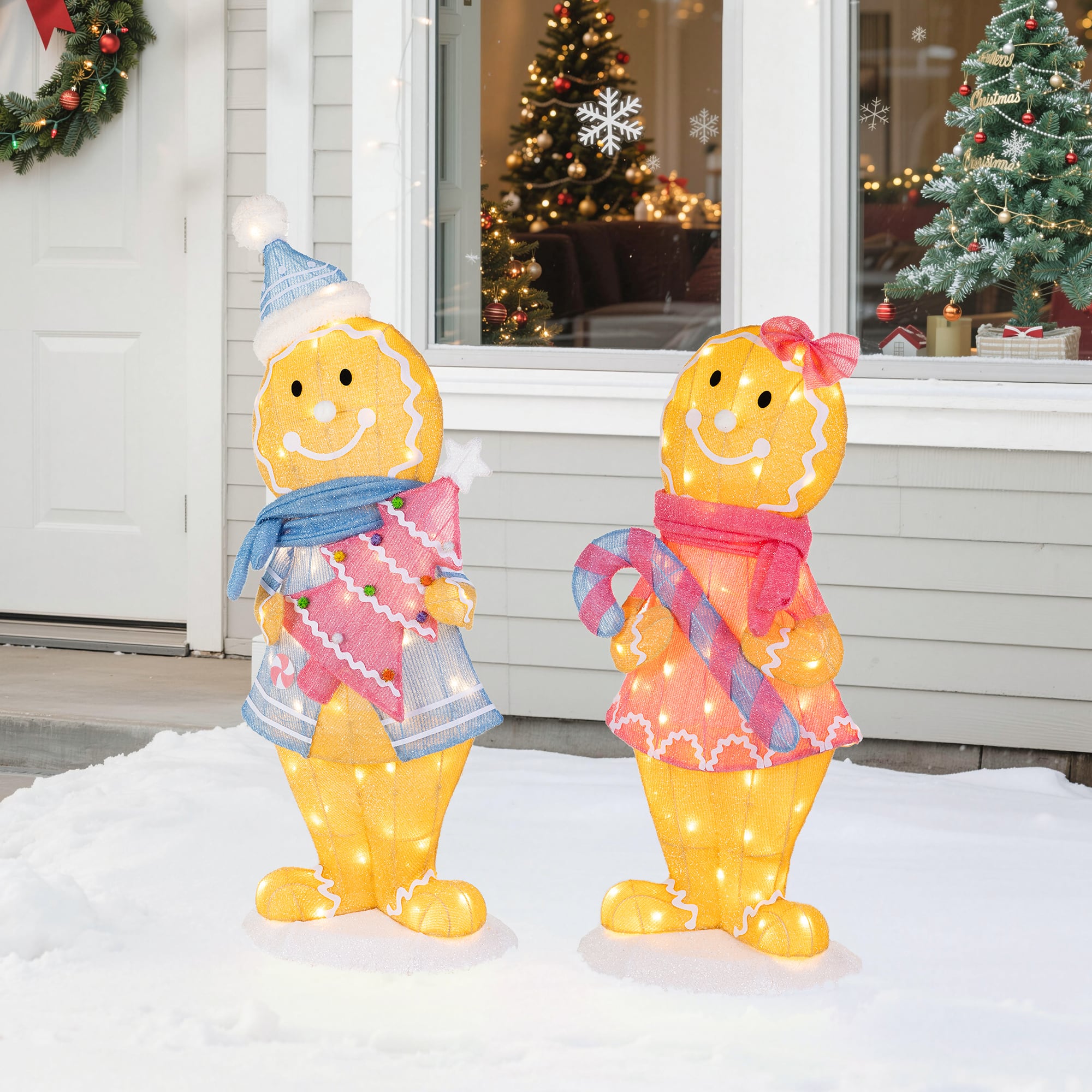 Glitzhome® 41.25" Christmas 3D Fabric Gingerbread Men with 120 Warm White LED Lights Set