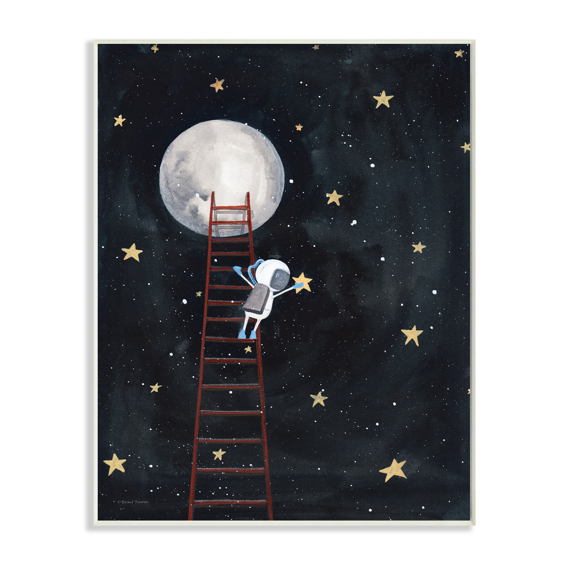 Stupell Industries Astronaut Hanging Stars Outer Space Ladder to Moon Wood Wall Plaque