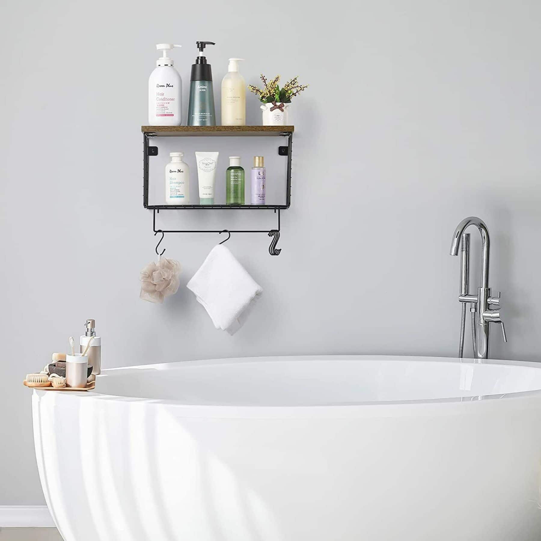 Wood & Metal Wall Mounted Bathroom Towel Rack with 6 Hooks
