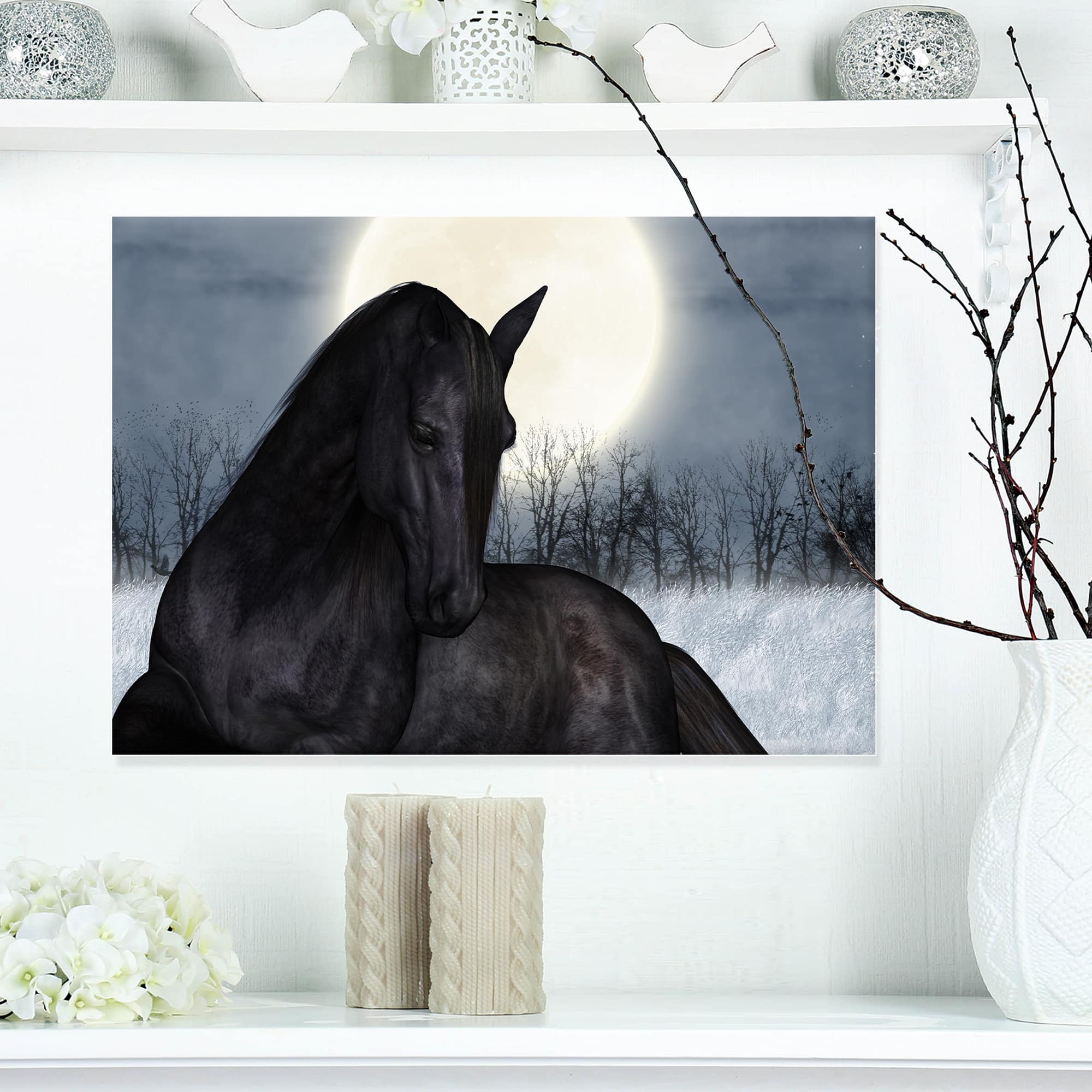 Designart - Black Horse in Moonlight - Animal Canvas Art Print