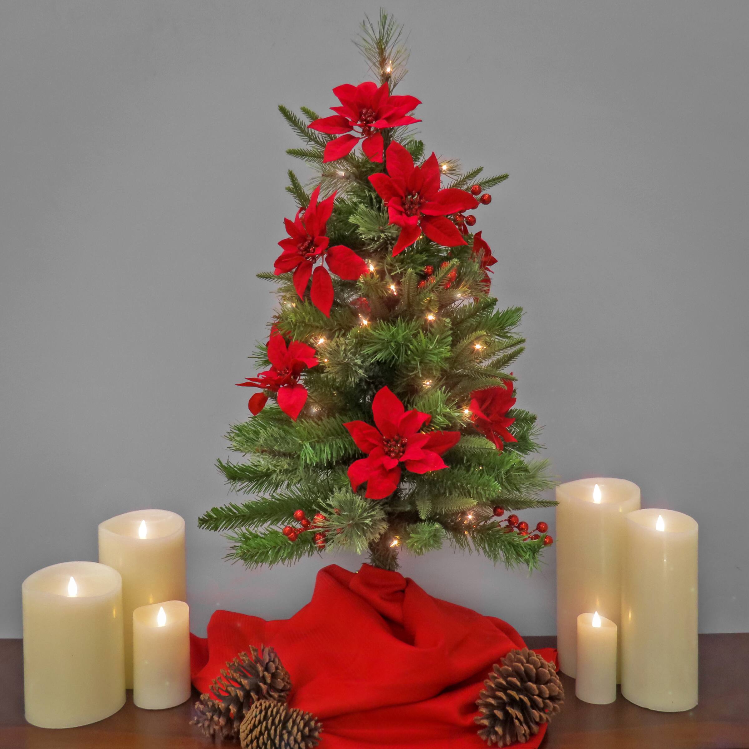 3ft. Pre-Lit Colonial Red Poinsettias Artificial Christmas Tree, Clear Lights