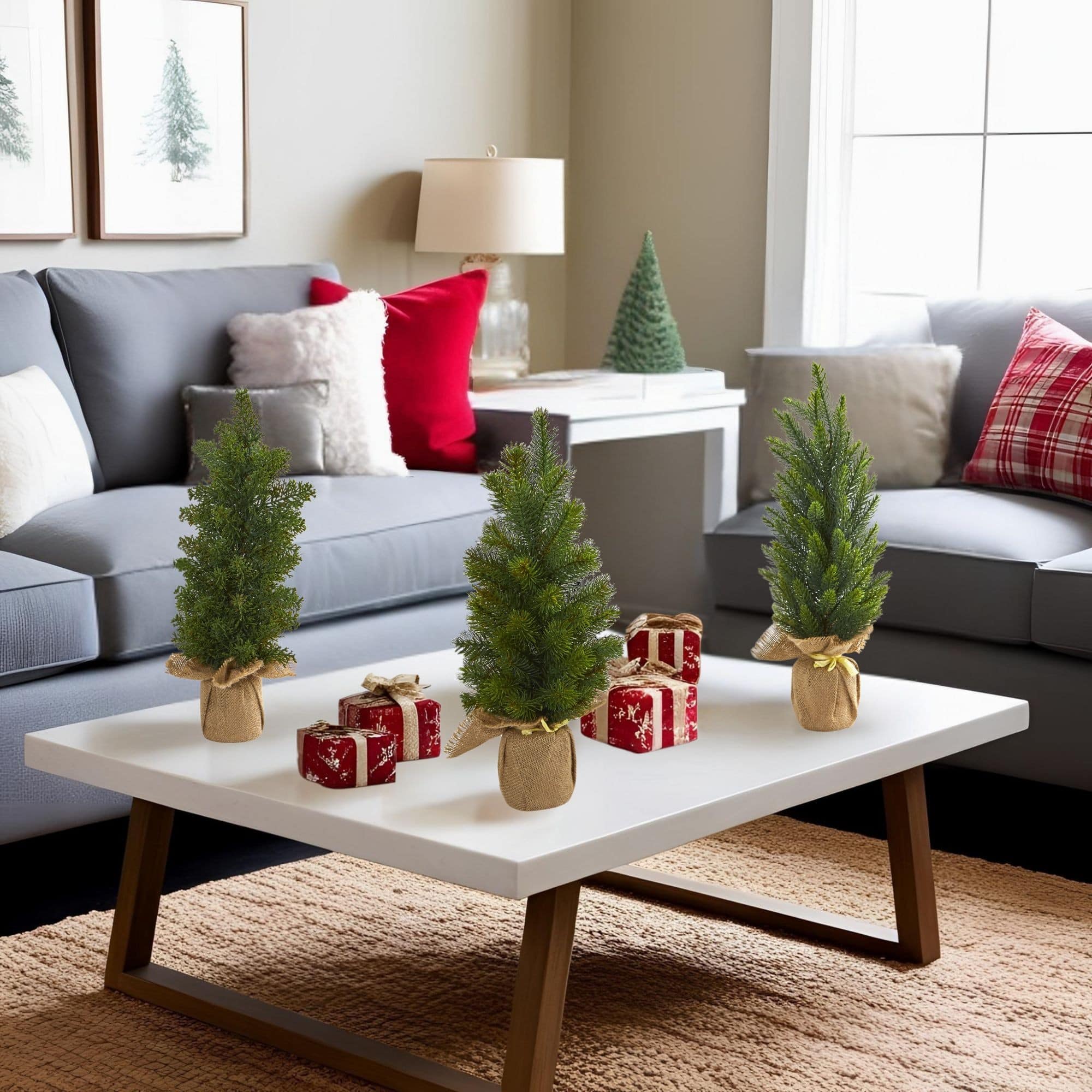 3 Pack 15" Unlit Mini Cypress & Pine Artificial Christmas Trees with Burlap Base