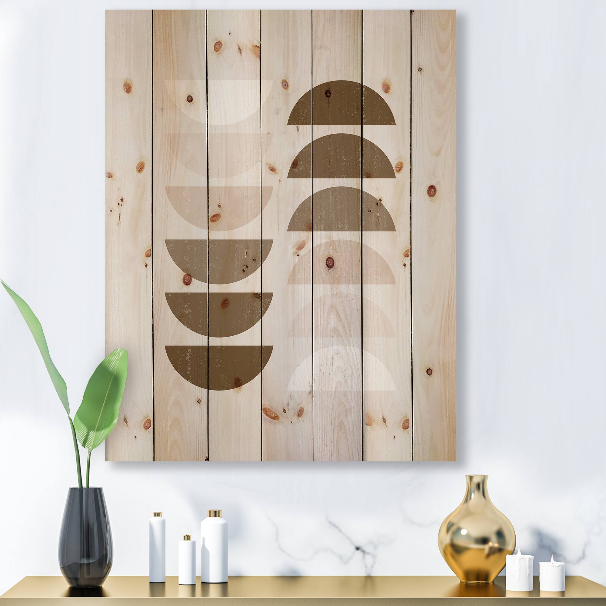 Designart - Abstract Sun & Moon Geometrics In Terracotta II - Modern Print on Natural Pine Wood