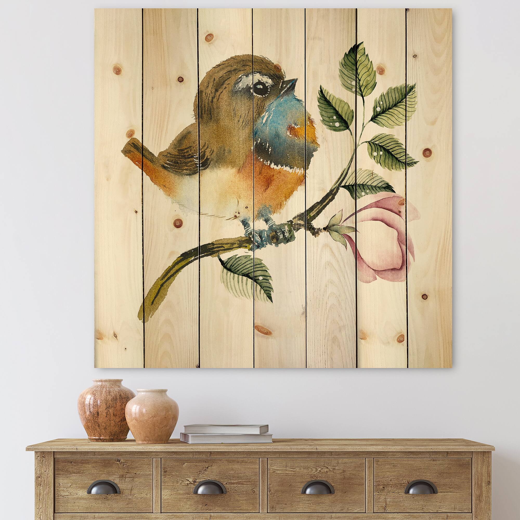 Designart - Bluethroat Bird On A Branch - Traditional Print on Natural Pine Wood