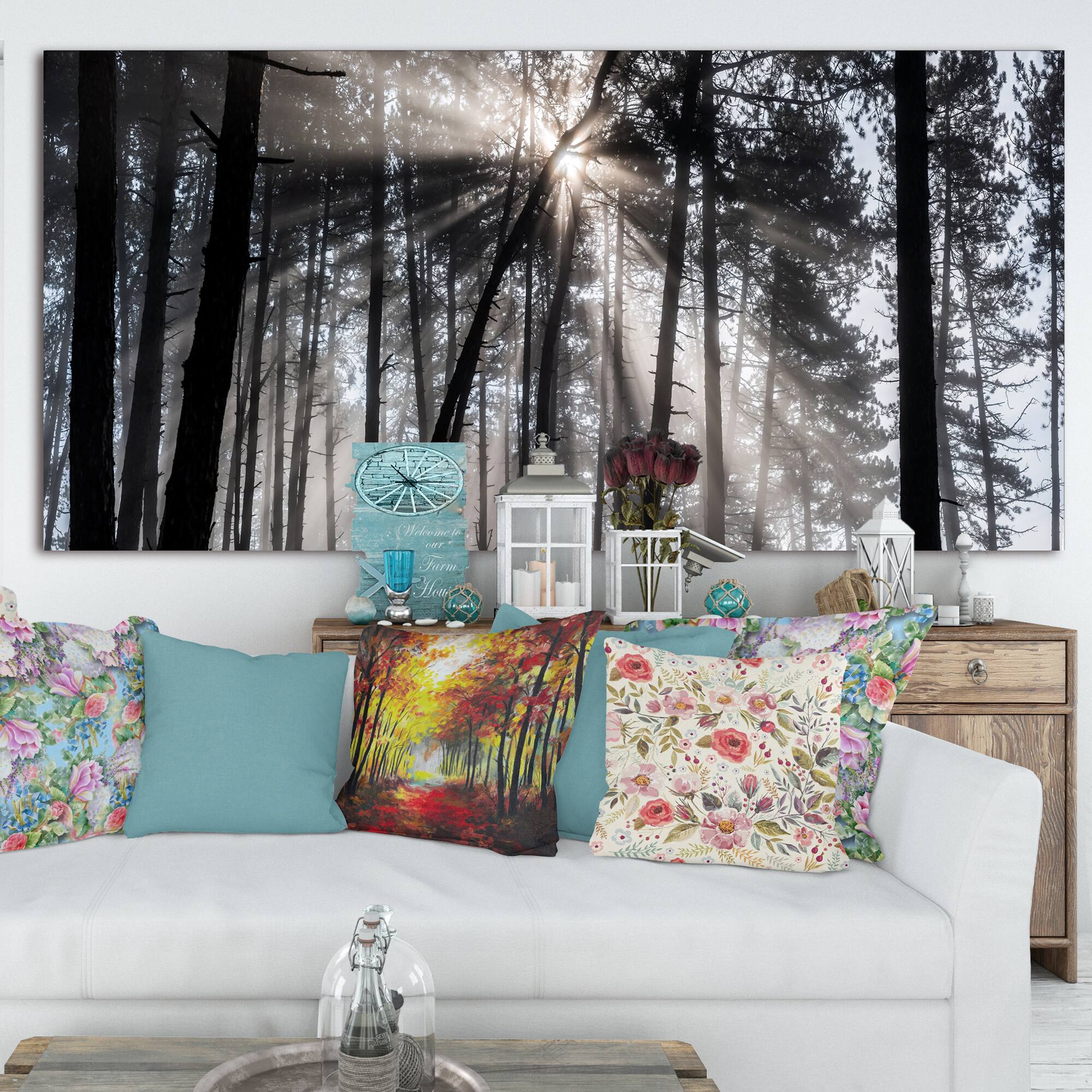 Designart - Sunbeams through Black White Forest - Forest Canvas Wall Art Print
