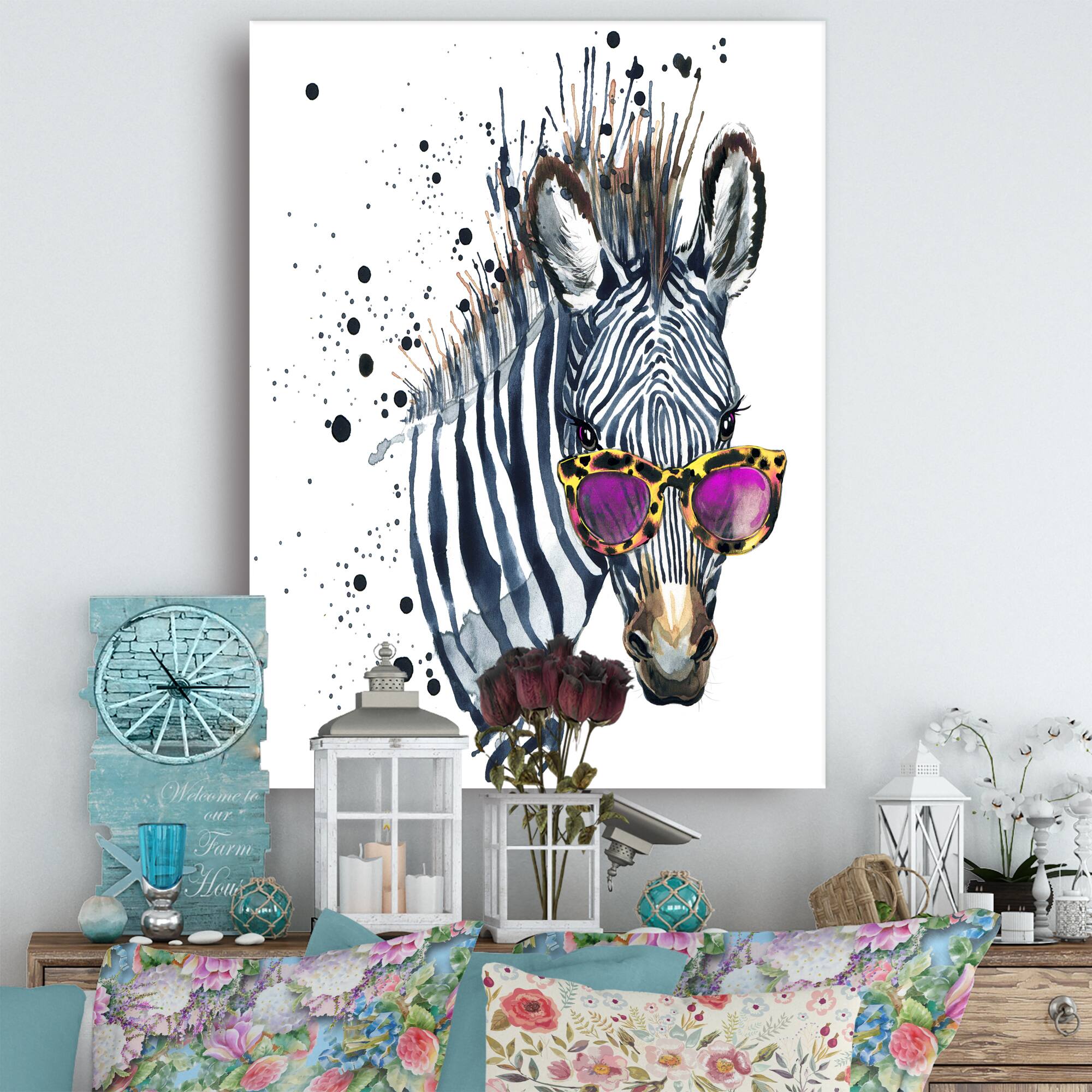 Designart - Funny Zebra Watercolor - Animal Canvas Art Print