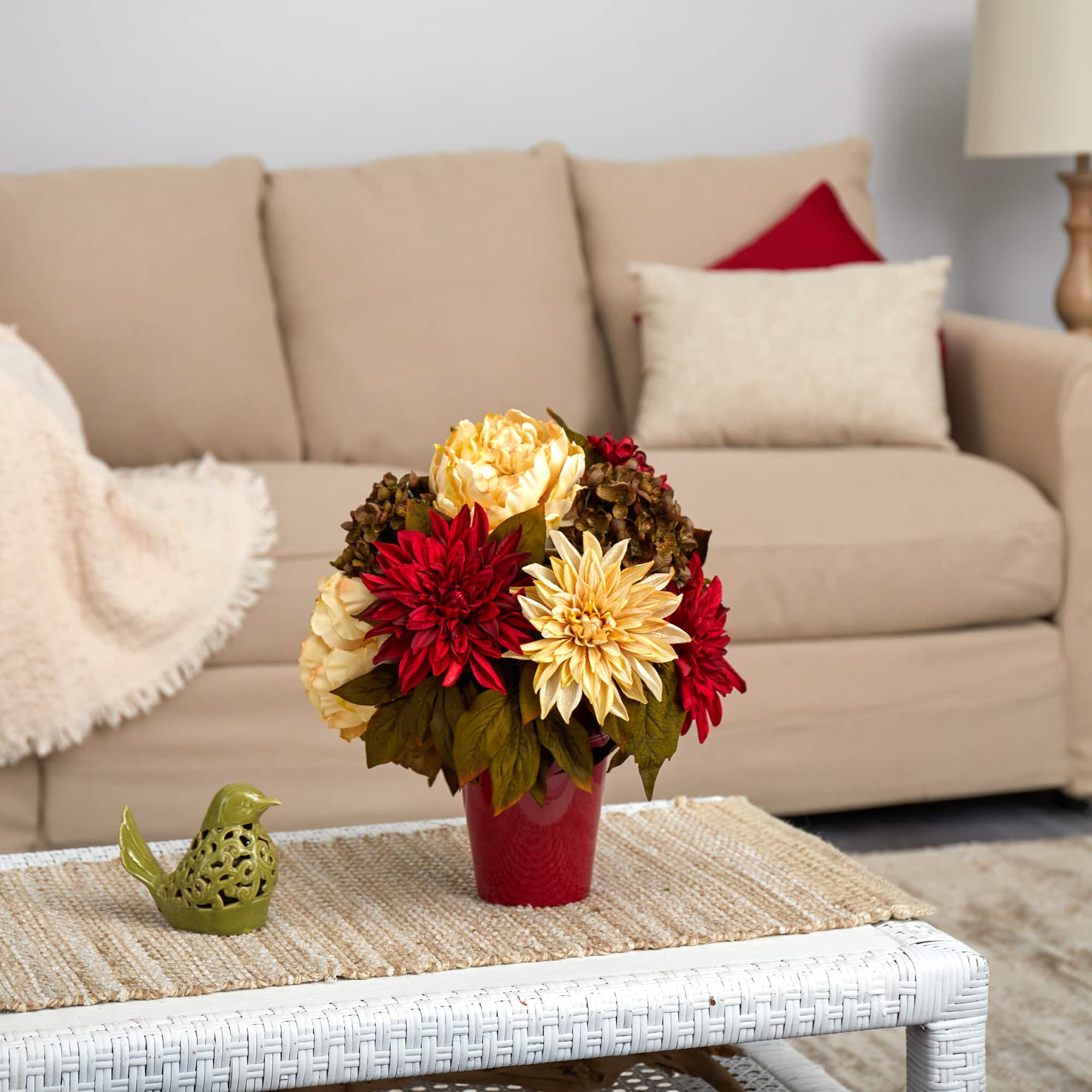 14" Peony, Hydrangea & Dahlia Arrangement in Burgundy Vase