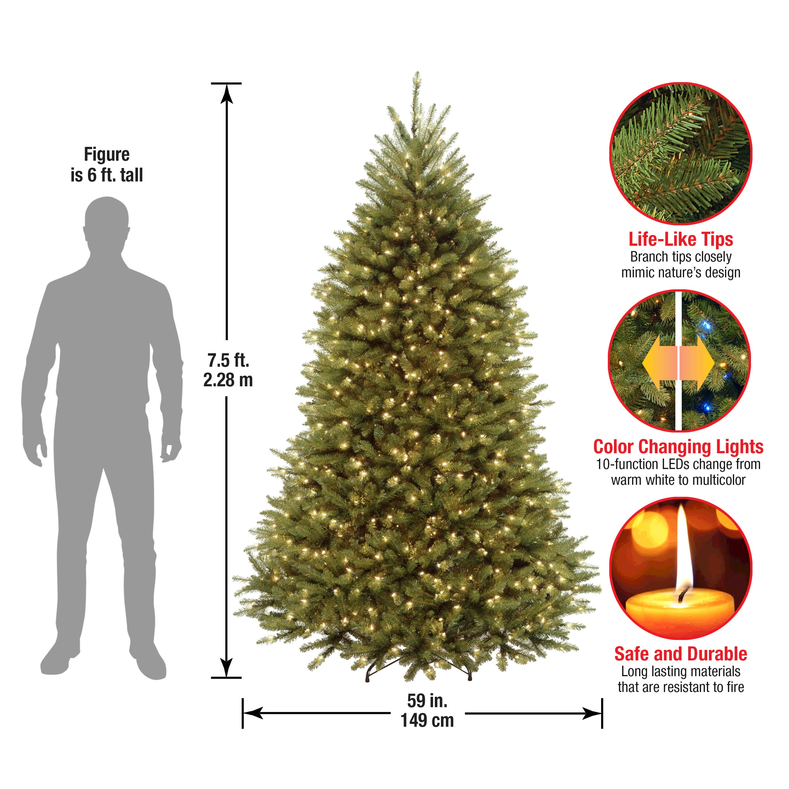 7.5 ft. Pre-Lit Dunhill® Fir Full Artificial Christmas Tree, Dual Color® LED Lights