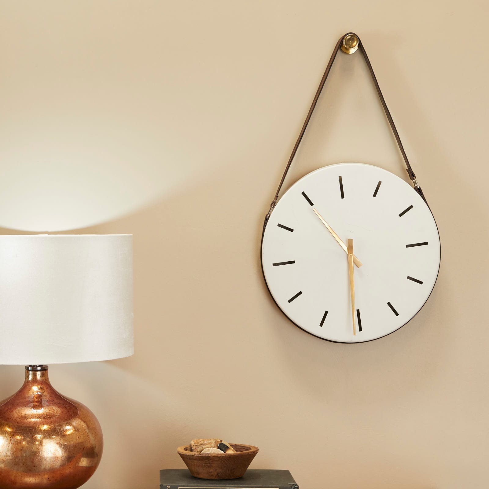 27" White Stainless Steel Wall Clock with Leather Hanging Straps