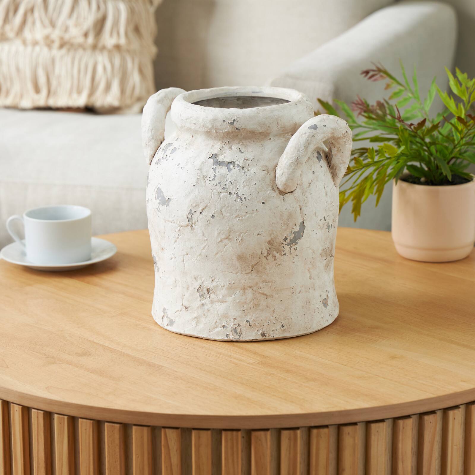 10.5" Cream Ceramic Antique Style Distressed Decorative Vase with Handles