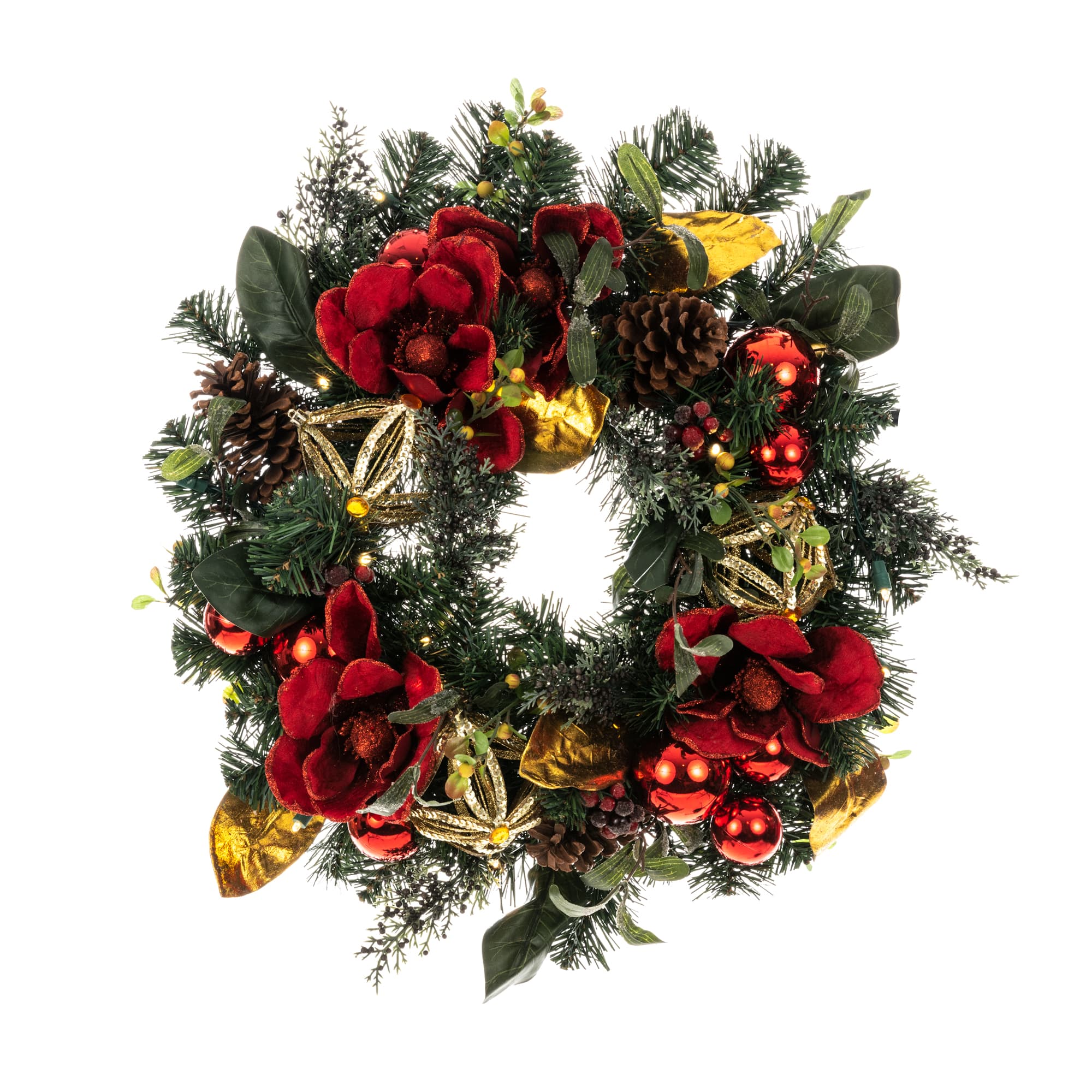Village Lighting 24" Pre-Lit Red Magnolia Christmas Wreath, Clear LED Lights