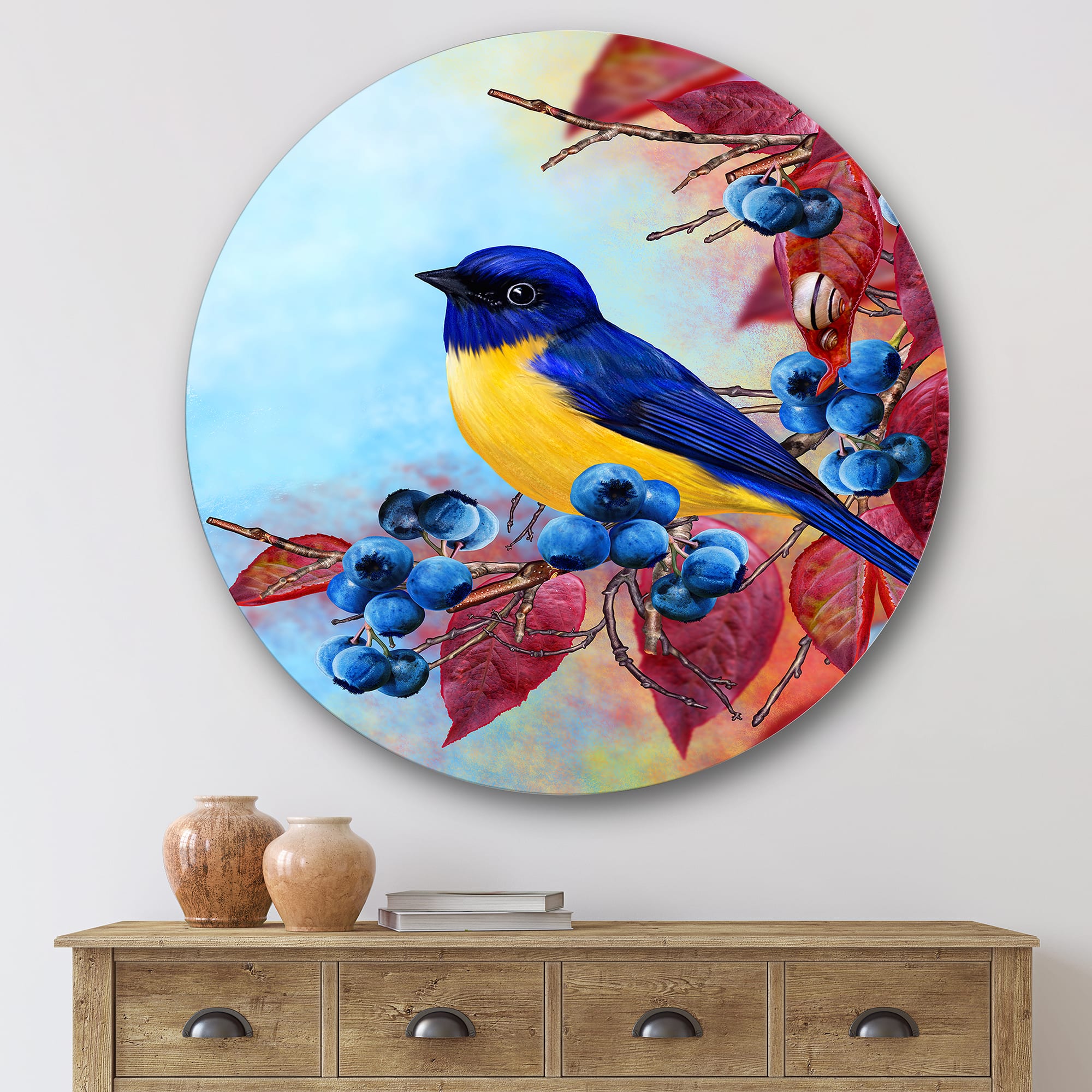 Designart - Bright Bird Bullfinch Sitting On A Branch I - Traditional Metal Circle Wall Art
