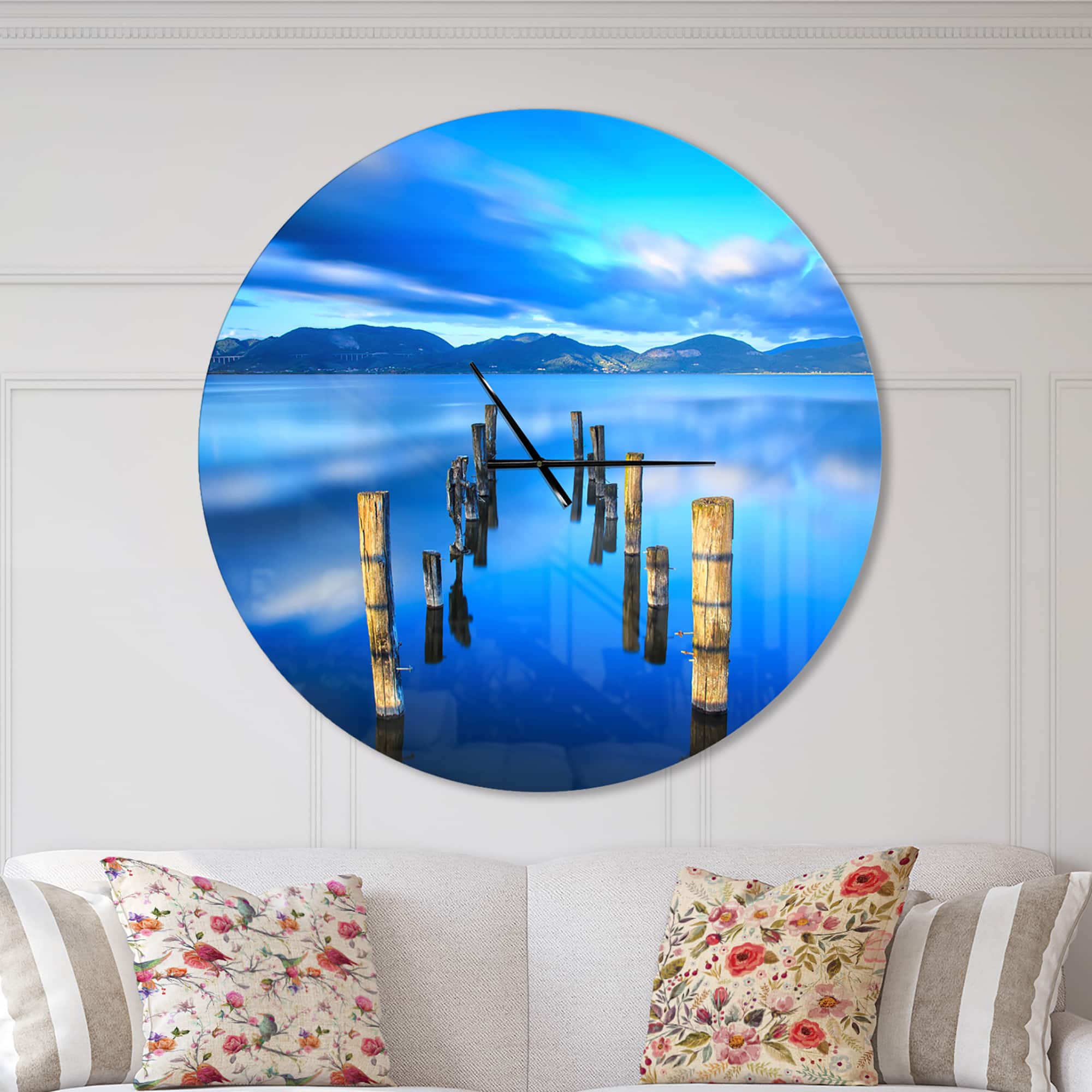 Designart 'Wooden Pier Remains In Blue Sea Modern Wall Clock
