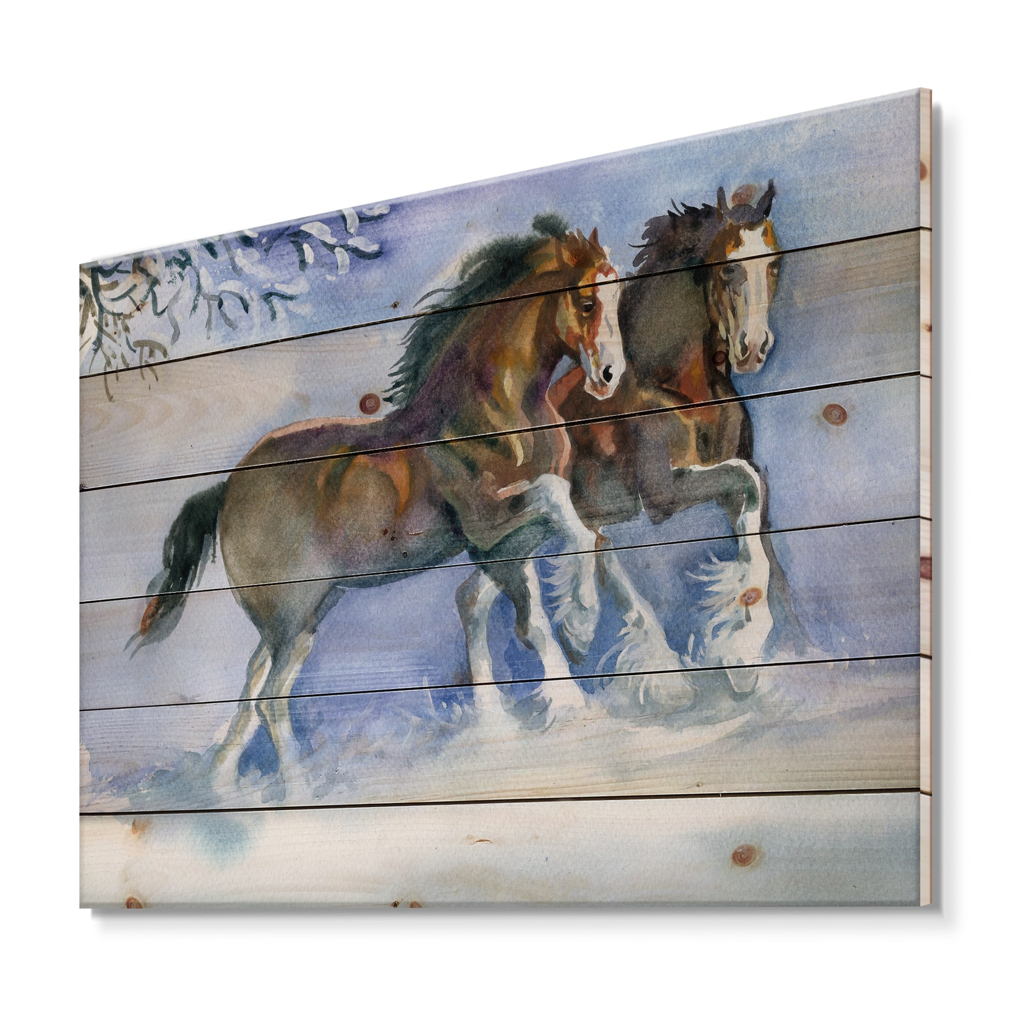 Designart - Horses Running In Winter - Farmhouse Print on Natural Pine Wood