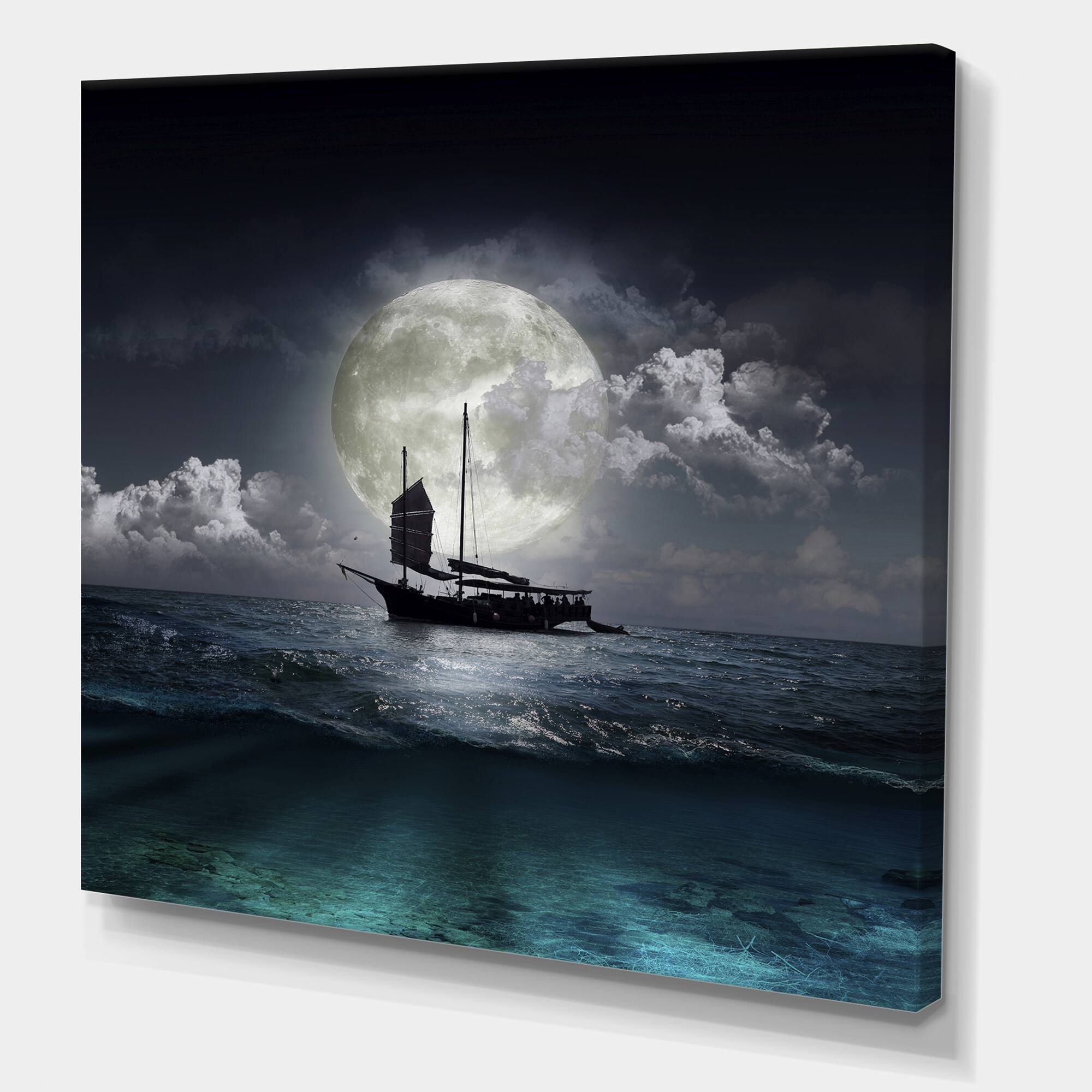 Designart - Fisher Boat On The Lake During Full Moon - Nautical & Coastal Canvas Wall Art Print