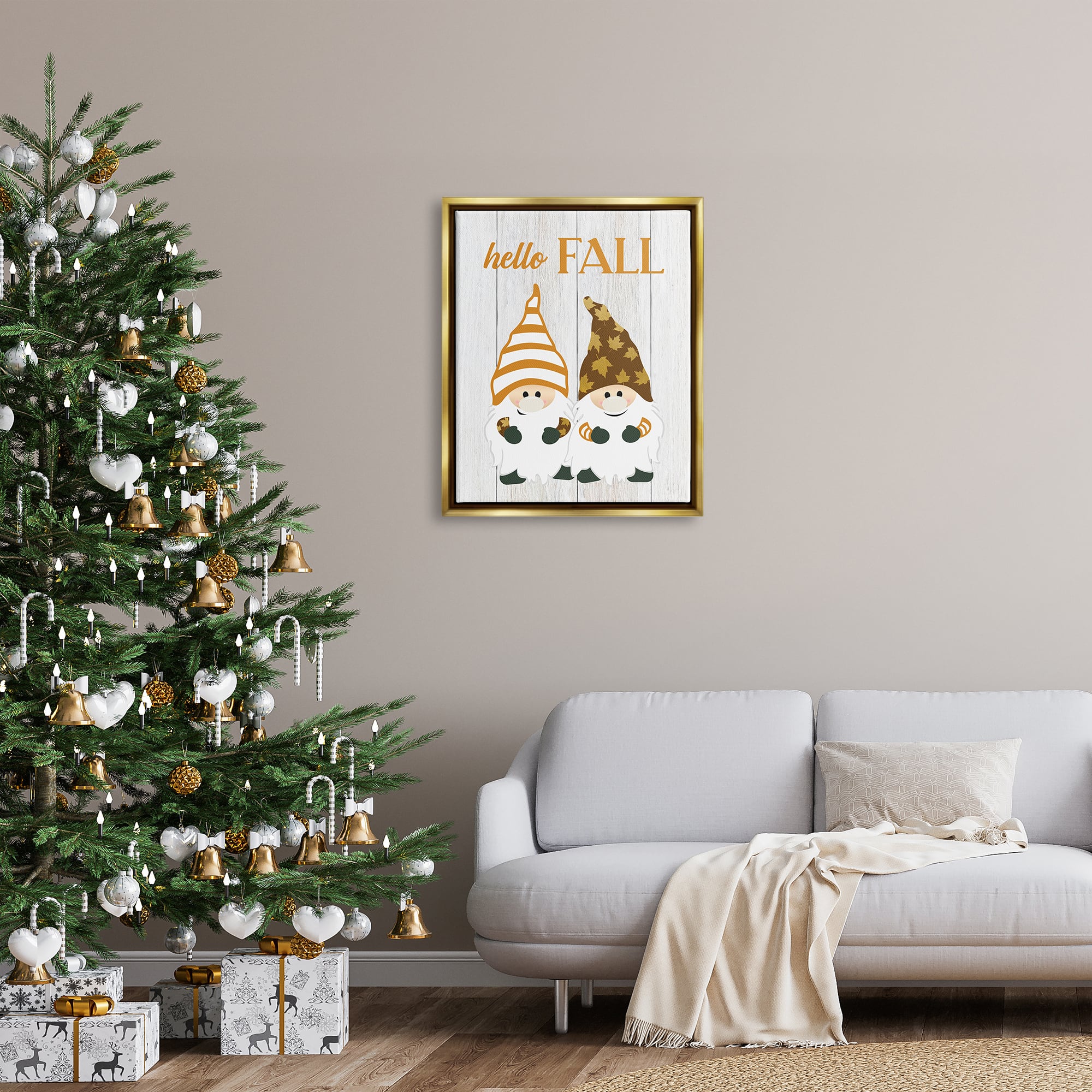 Stupell Industries Hello Fall Whimsical Gnomes Framed Floater Canvas Wall Art
