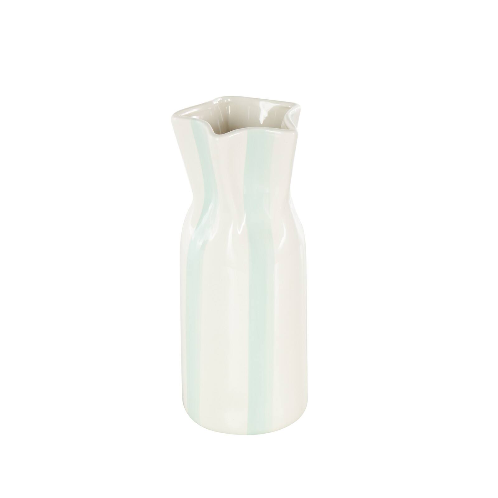 12" White & Teal Stripes Round Wide Ceramic Vase