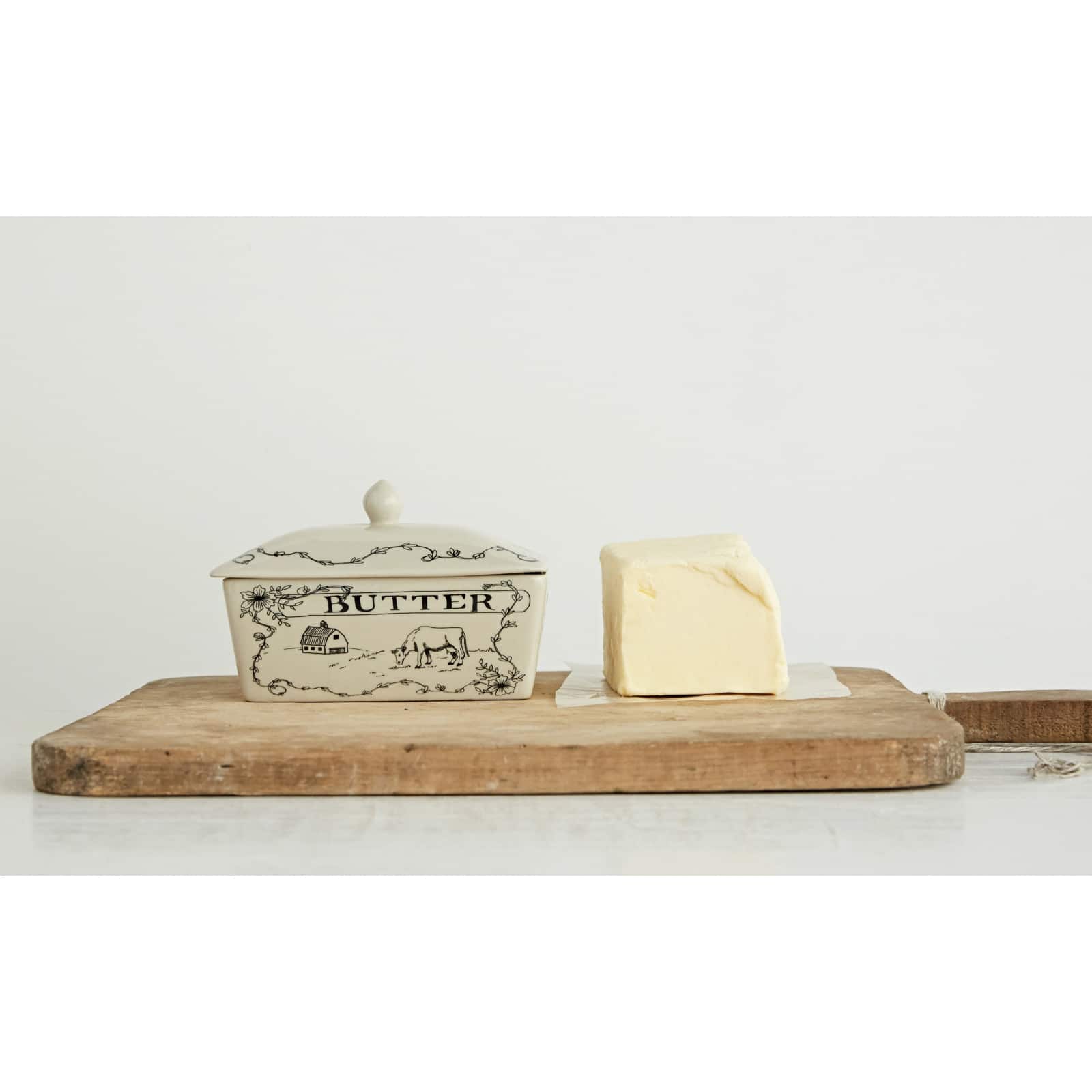 Hello Honey® 7" Country Style White & Black Stoneware Butter Dish with Lid