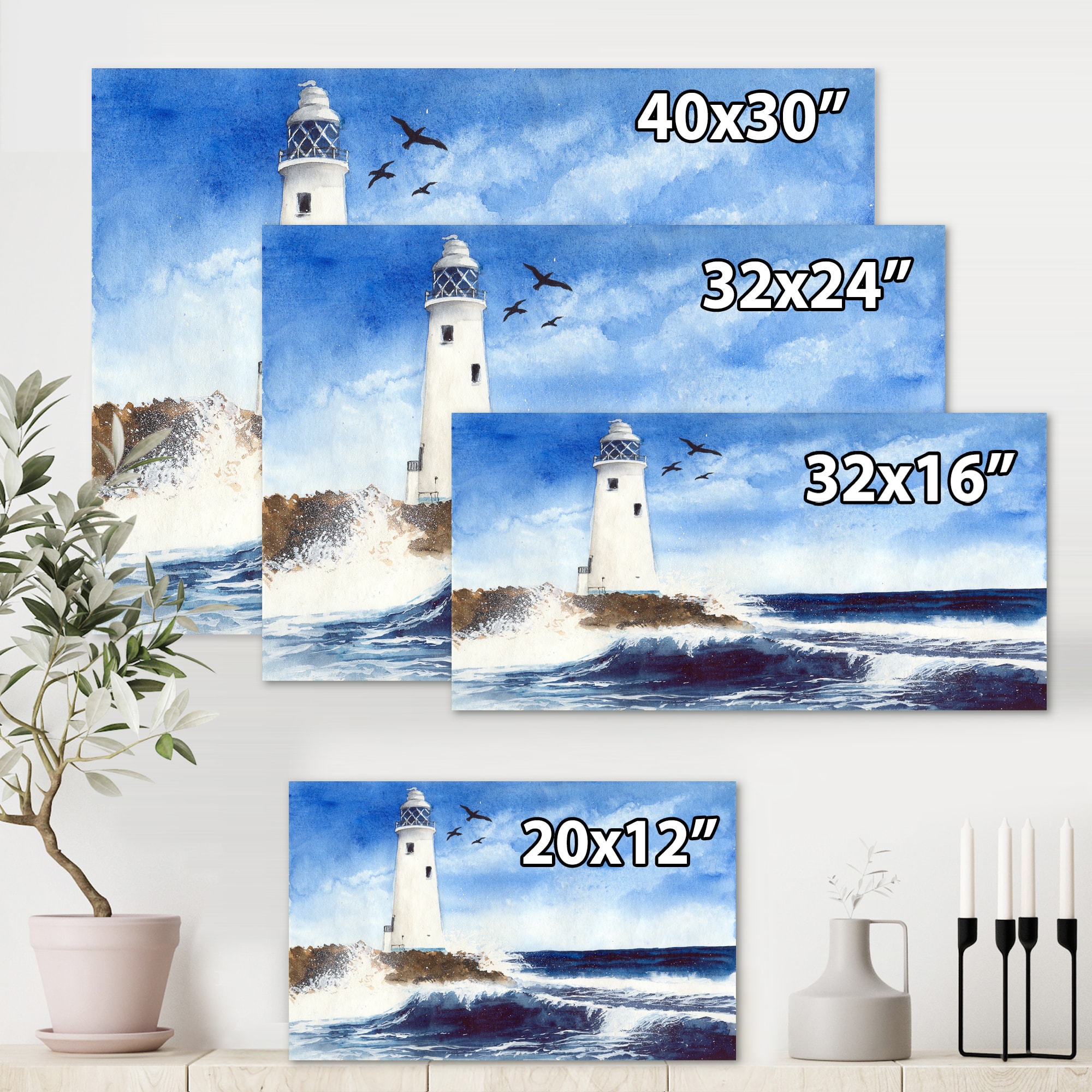 Designart - Lighthouse On The Rocky Island With Seagulls - Nautical & Coastal Canvas Wall Art Print