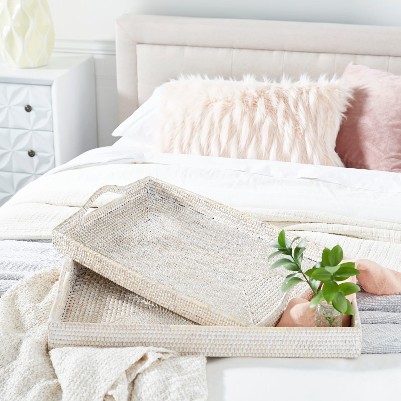 Cream Wood Boho Style Tray Set