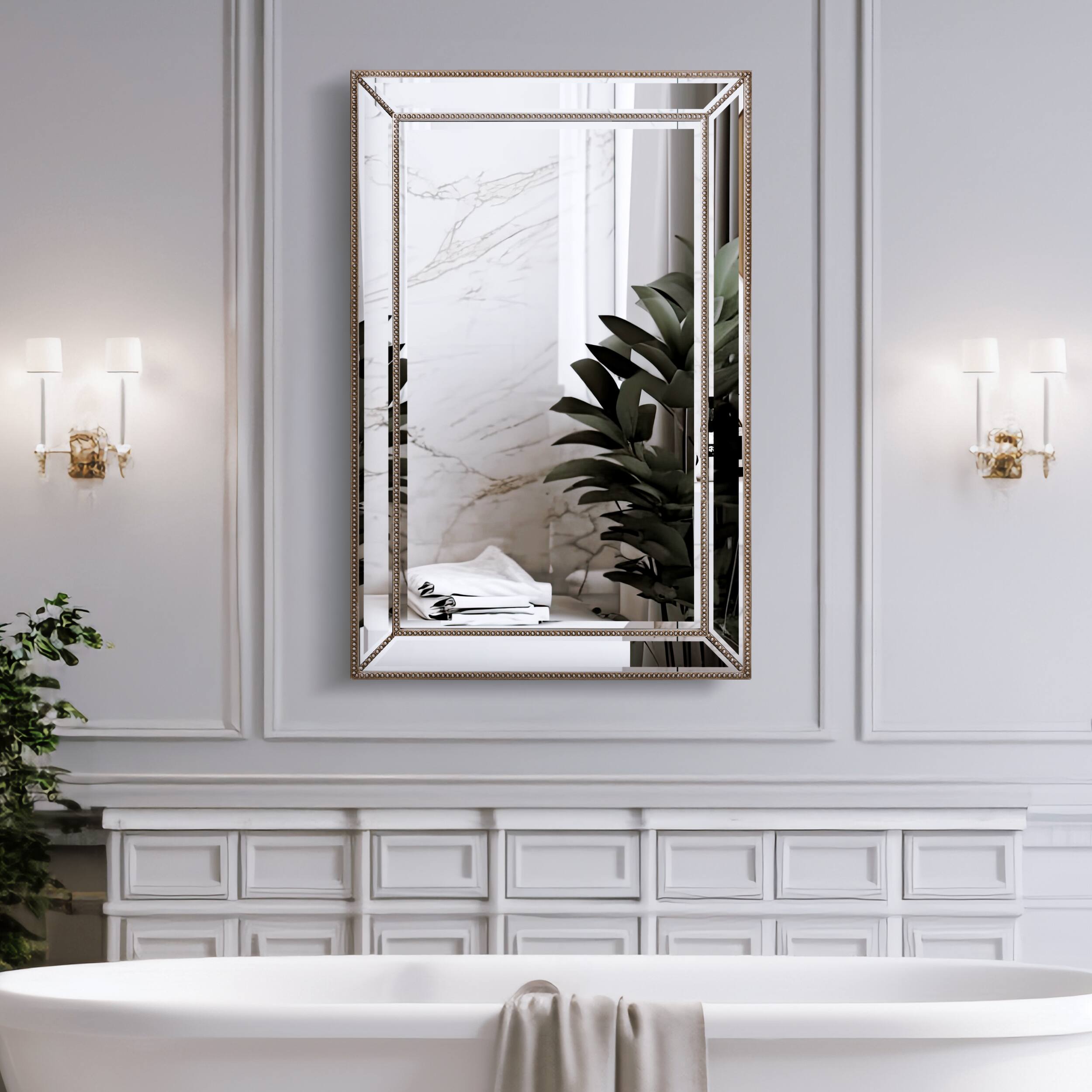 Silver Champagne Beaded Frame Accent Beveled Wall Mirror - 30" x 42"