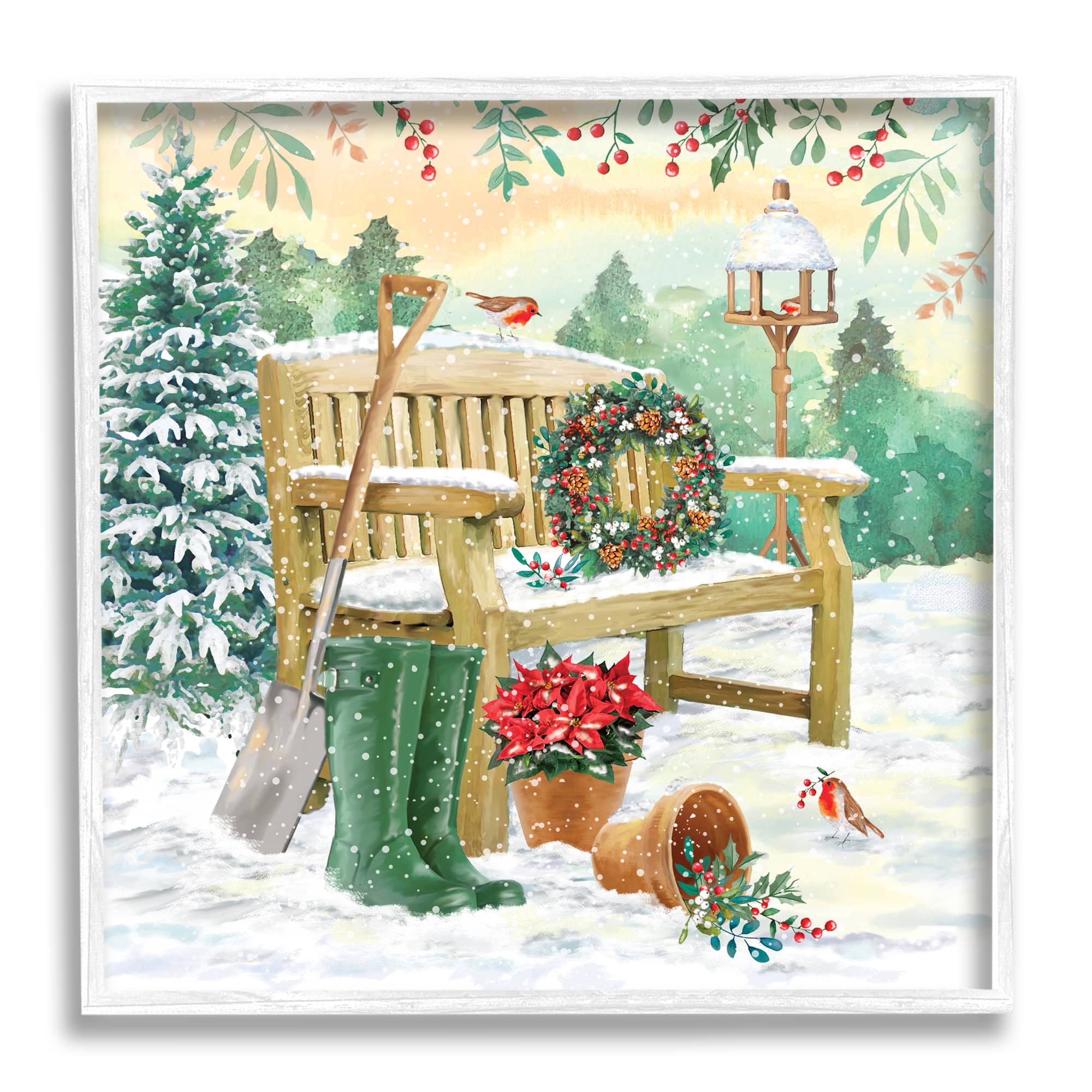 Stupell Industries Snowy Bench Seasonal Holly Plants Framed Giclee Art