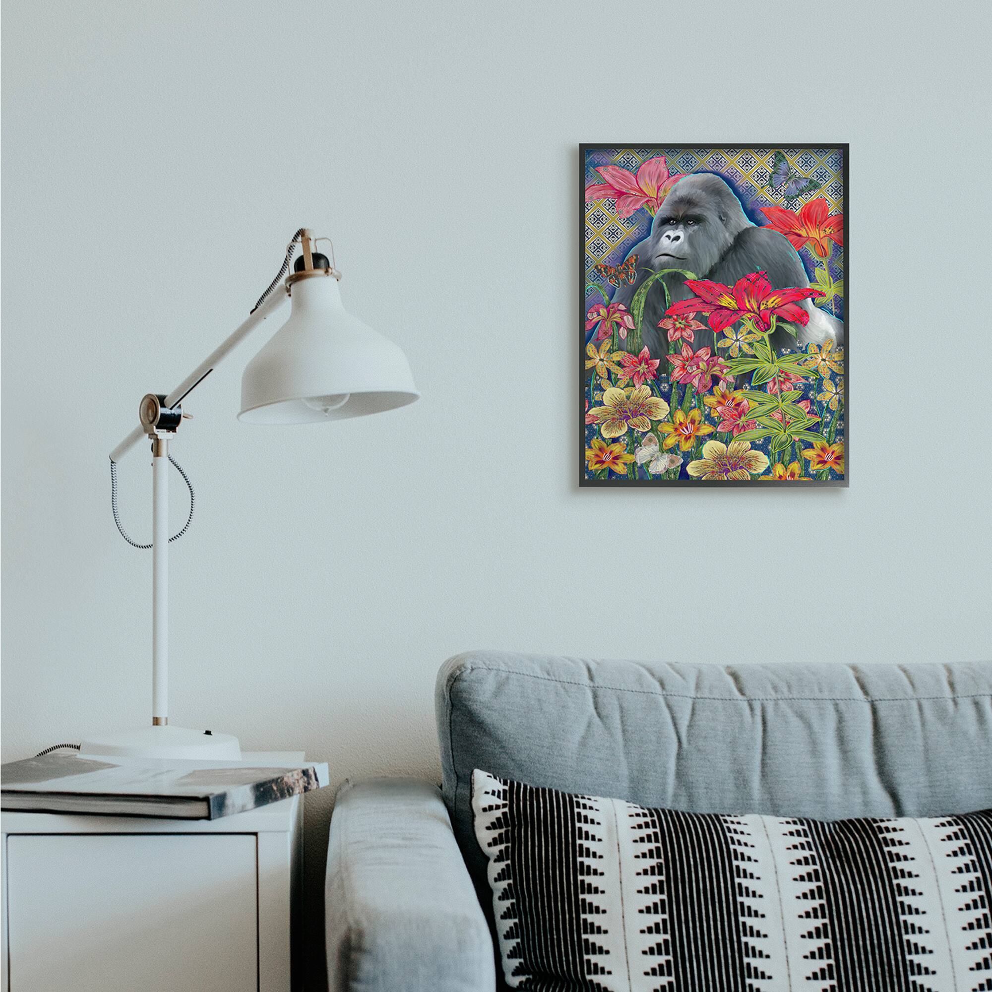 Stupell Industries Gorilla Standing Behind Tropical Florals Wall Art in Black Frame