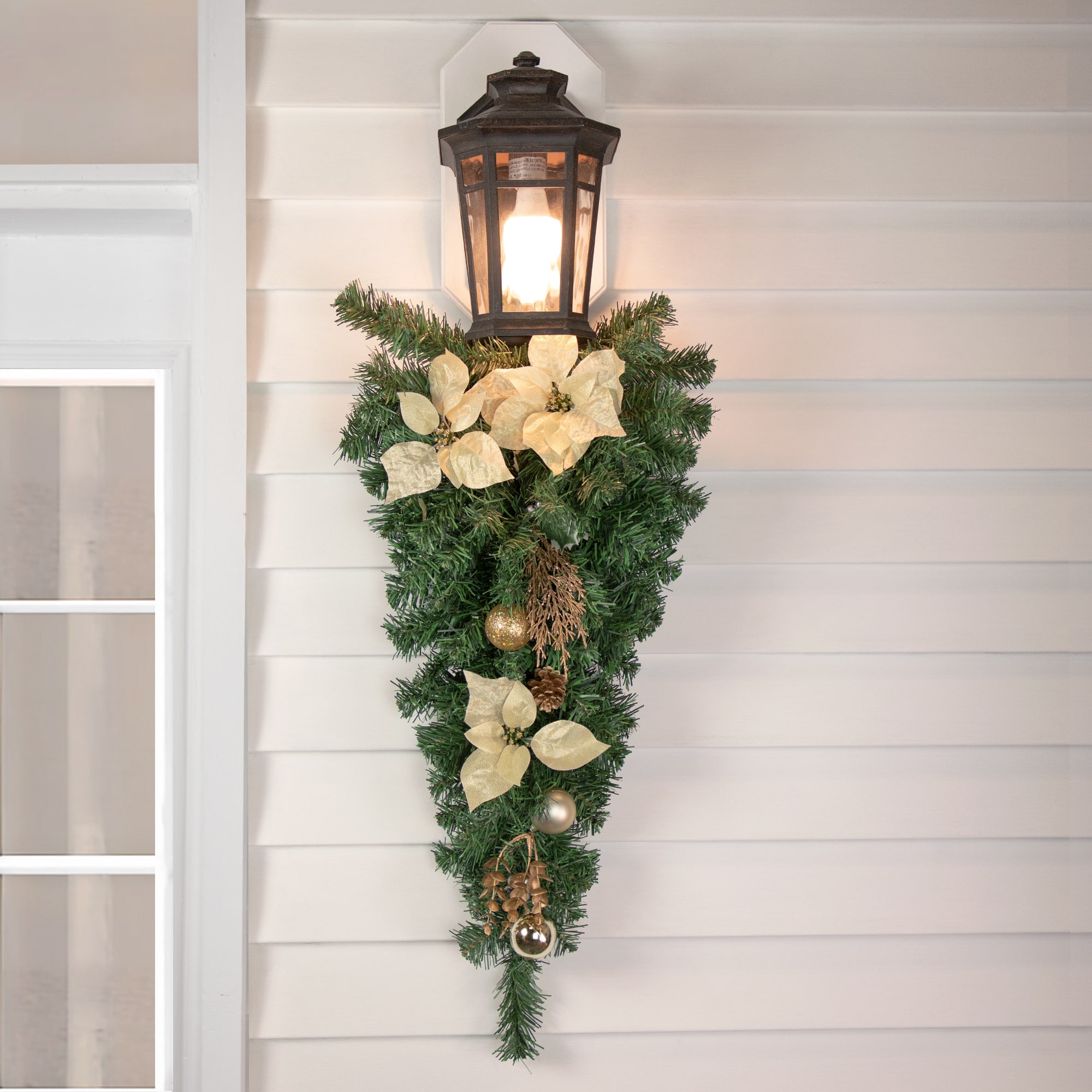 32" Unlit Gold Poinsettia, Pine Cone & Ball Teardrop Swag
