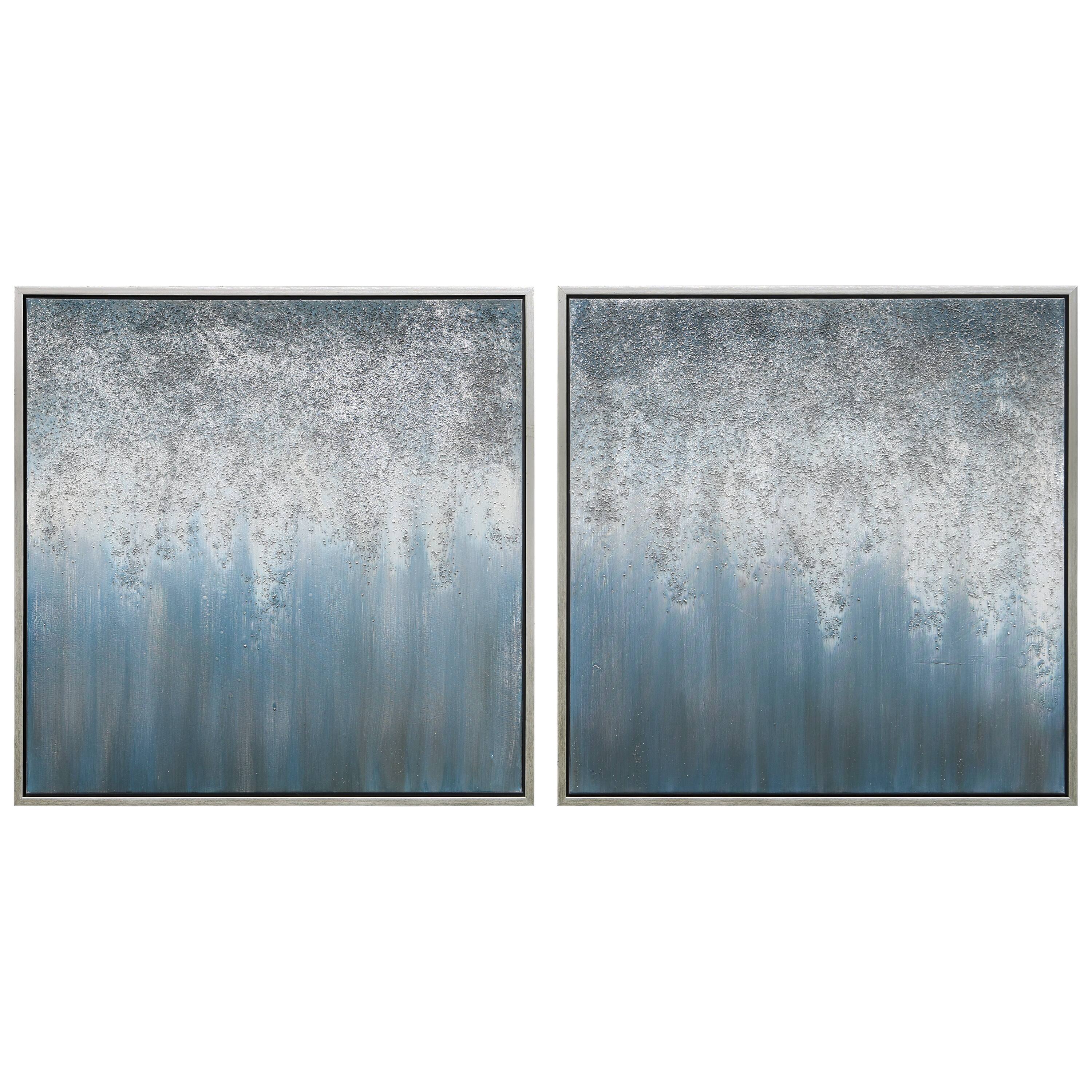 Empire Art Direct 36" x 36" Blue Rain Textured Metallic Glitter Hand Painted Canvas Wall Art Set