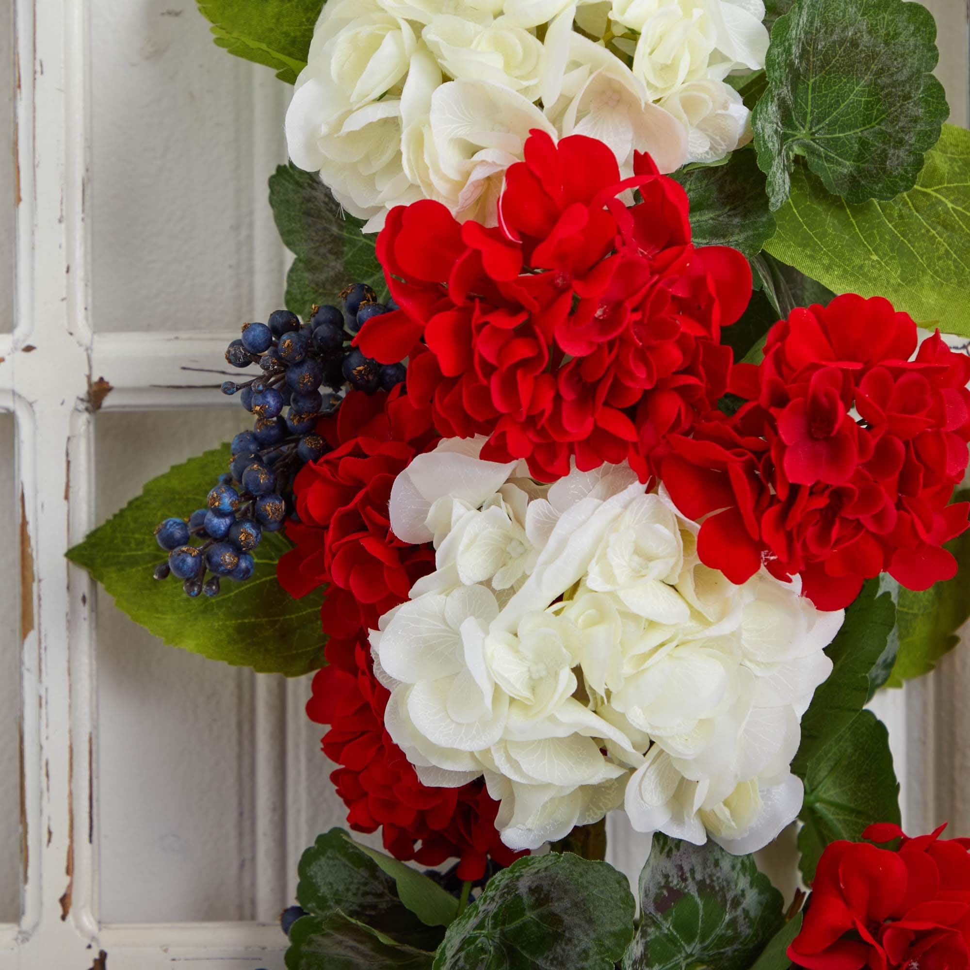 26'' White & Red Geranium with Blueberry Teardrop Swag
