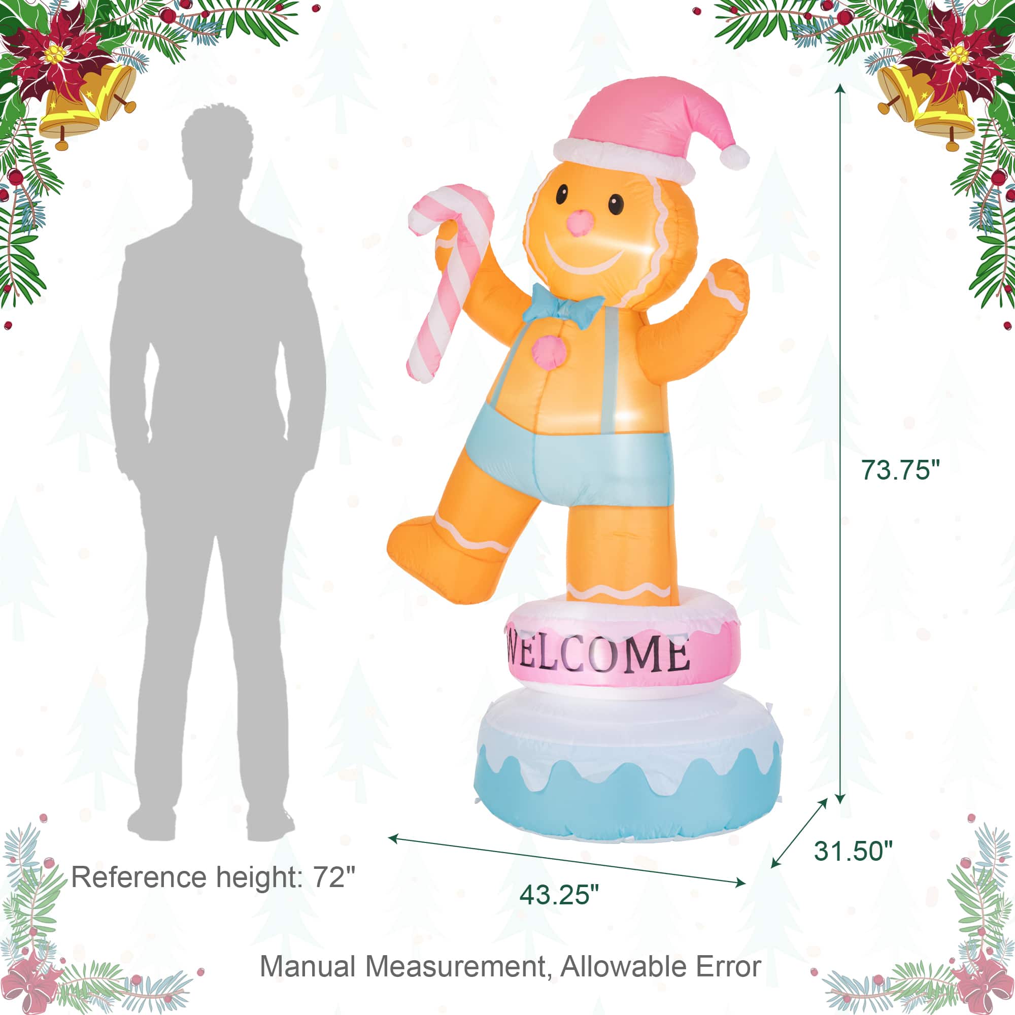 Glitzhome® 6FT Lighted Macaron Inflatable Rotating Gingerbread Man Decor