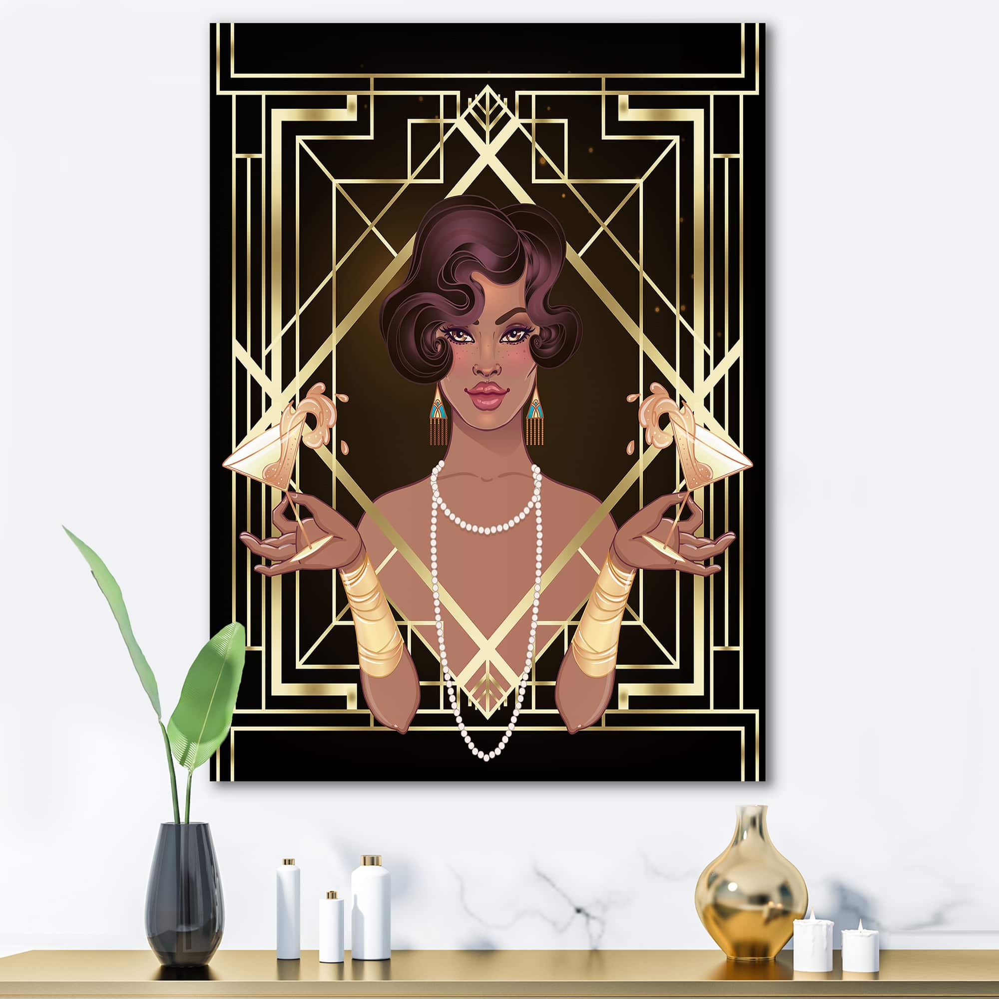 Designart - Retro Women In Golden Art Deco Geometrics I - Modern Canvas Wall Art Print