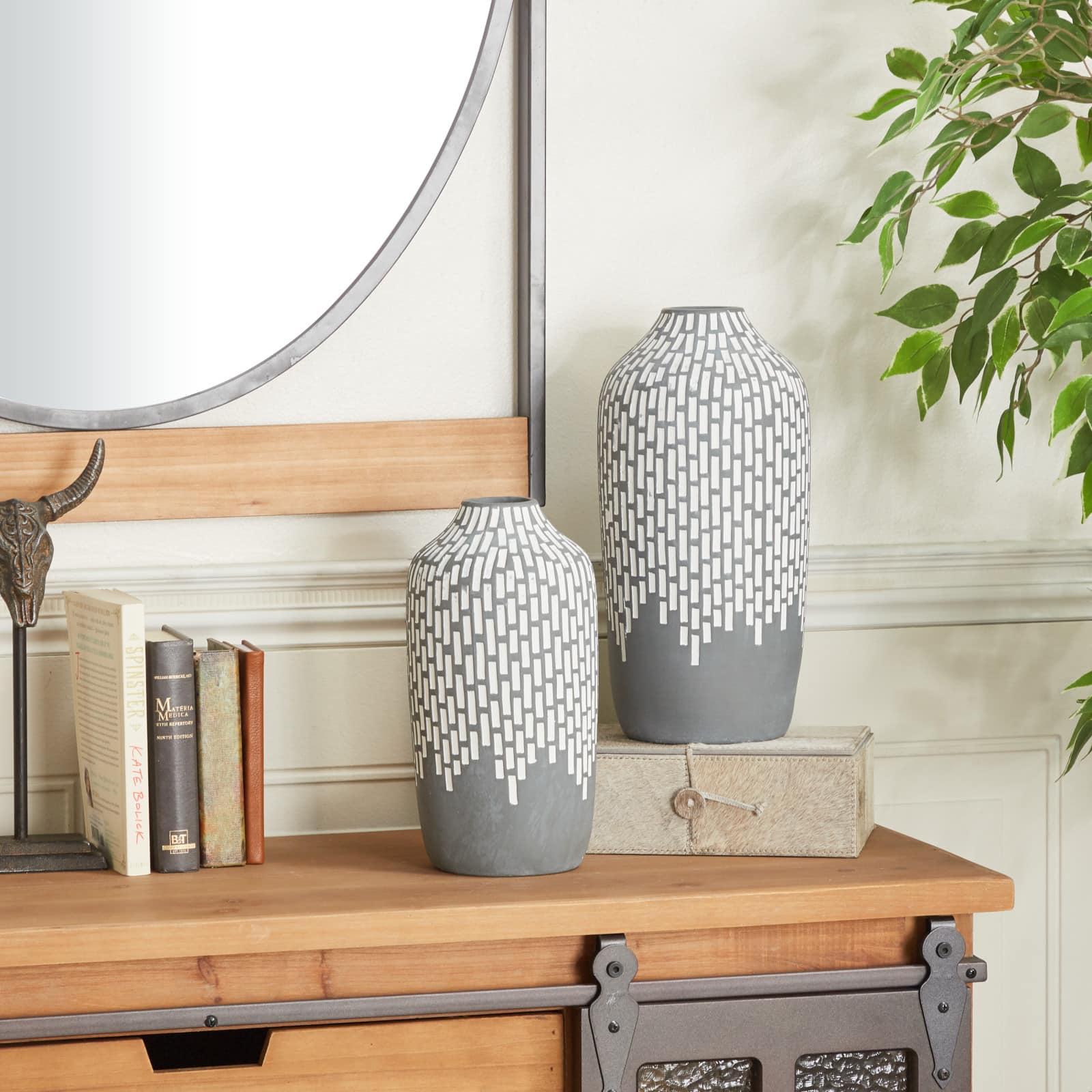 Set of 2 Gray Stoneware Modern Vases, 13" x 6" x 5"