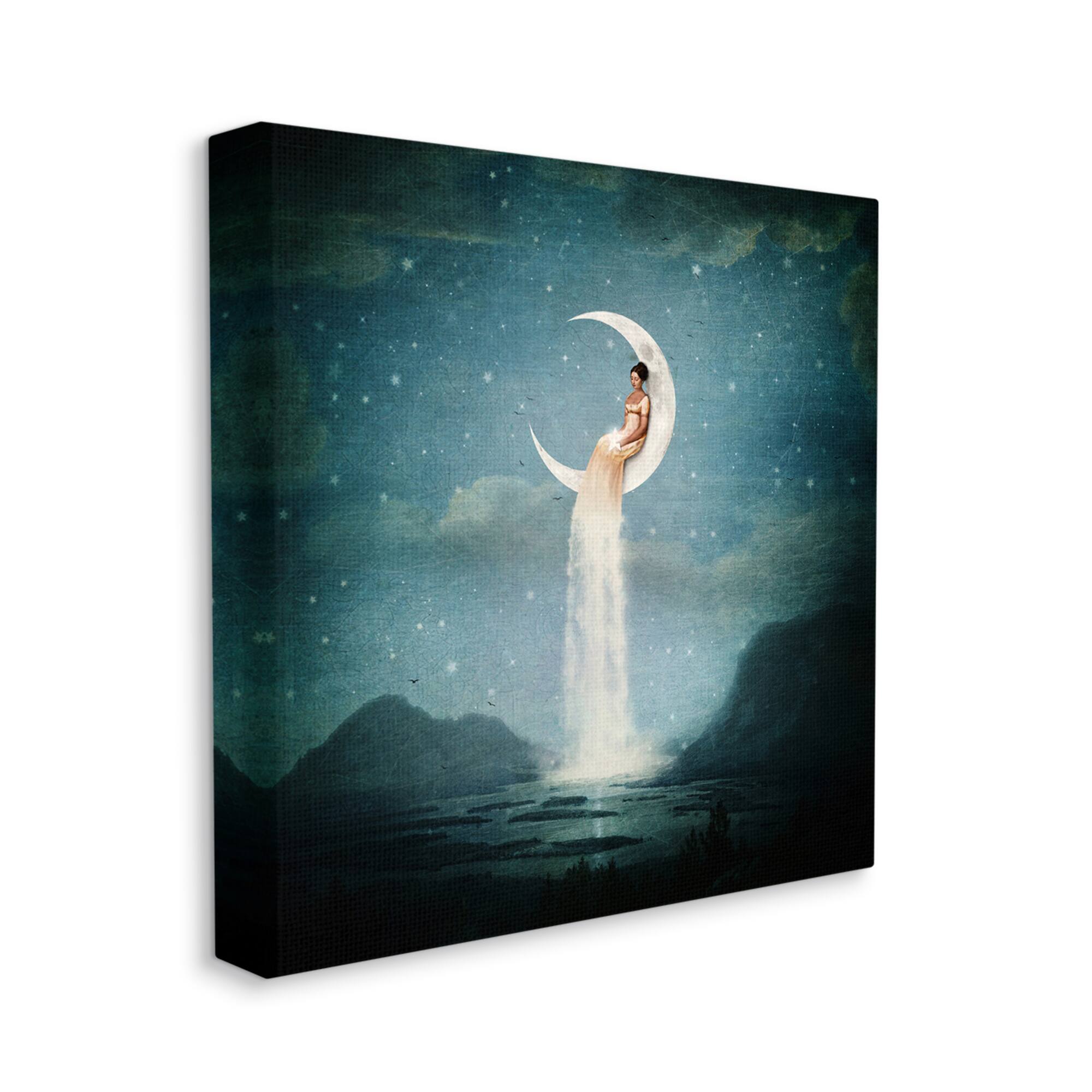 Stupell Industries Mountainous Ocean Landscape Moon Dress Waterfall Canvas Wall Art