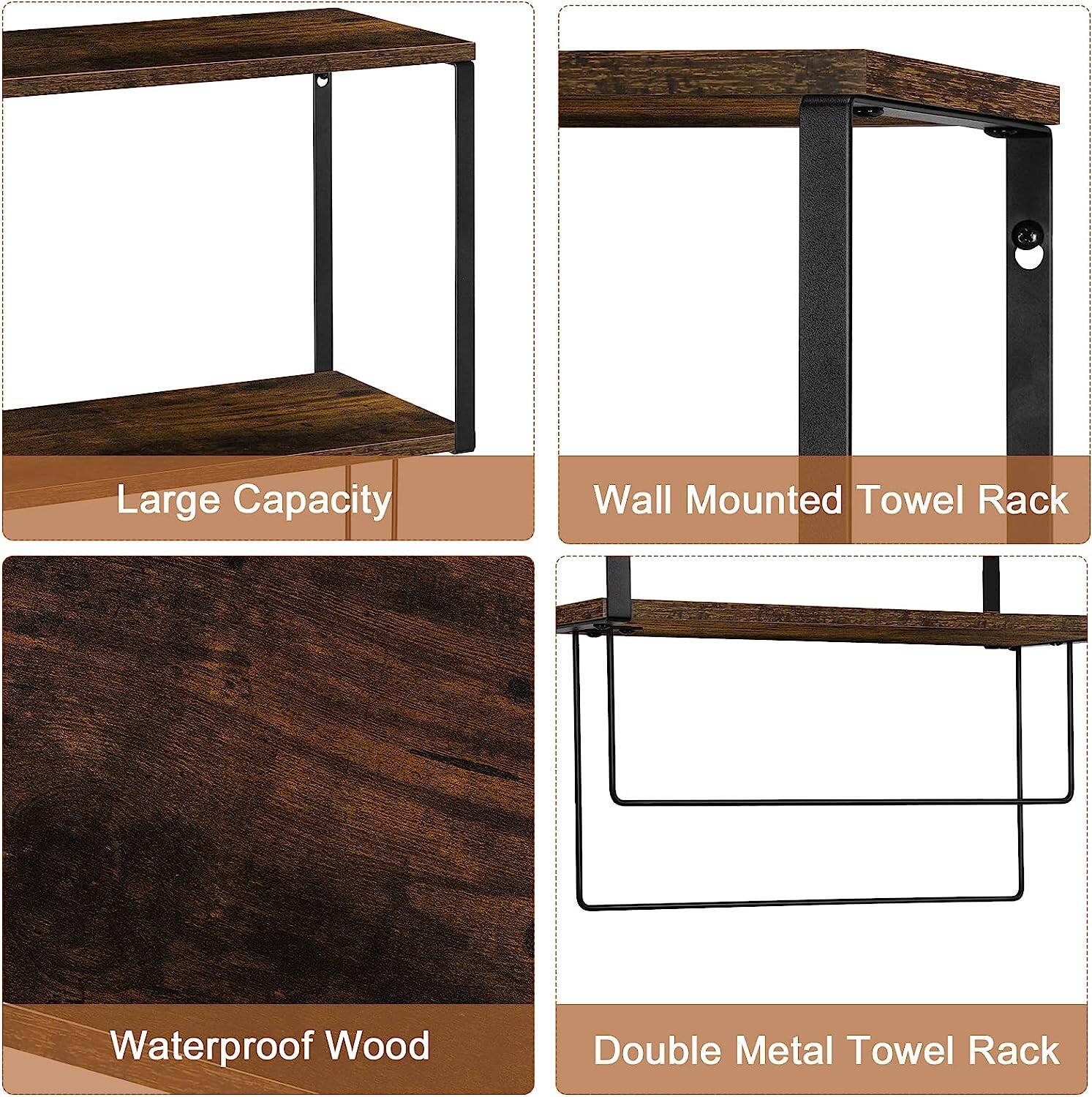 Brown Wood Wall Mount Bathroom 2 Tier Towel Shelf 