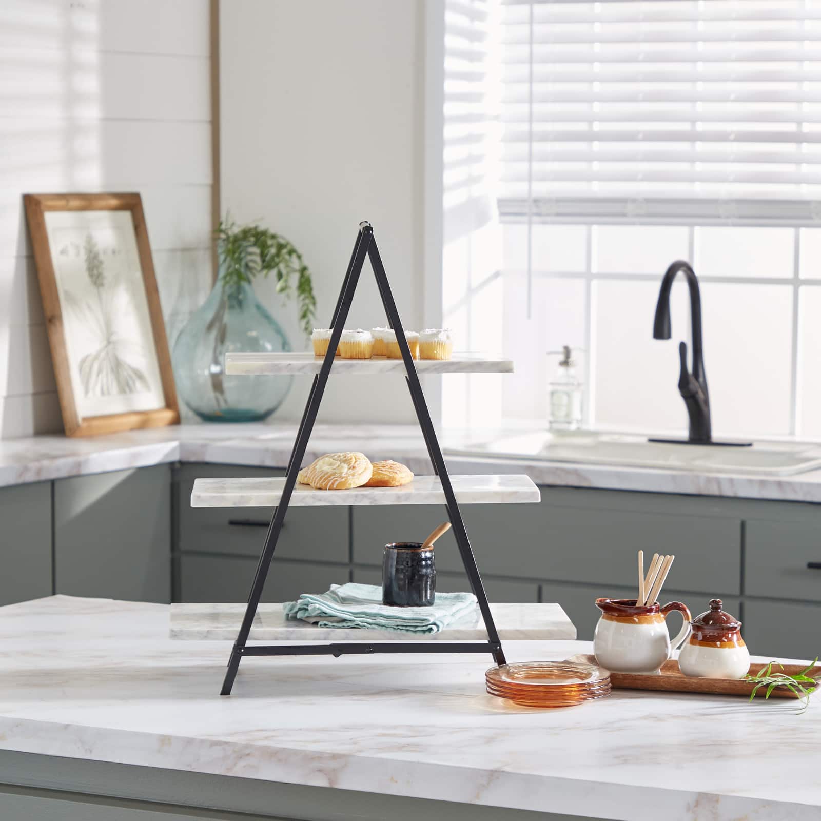 23" White Marble & Iron Contemporary 3-Tier Tray Stand