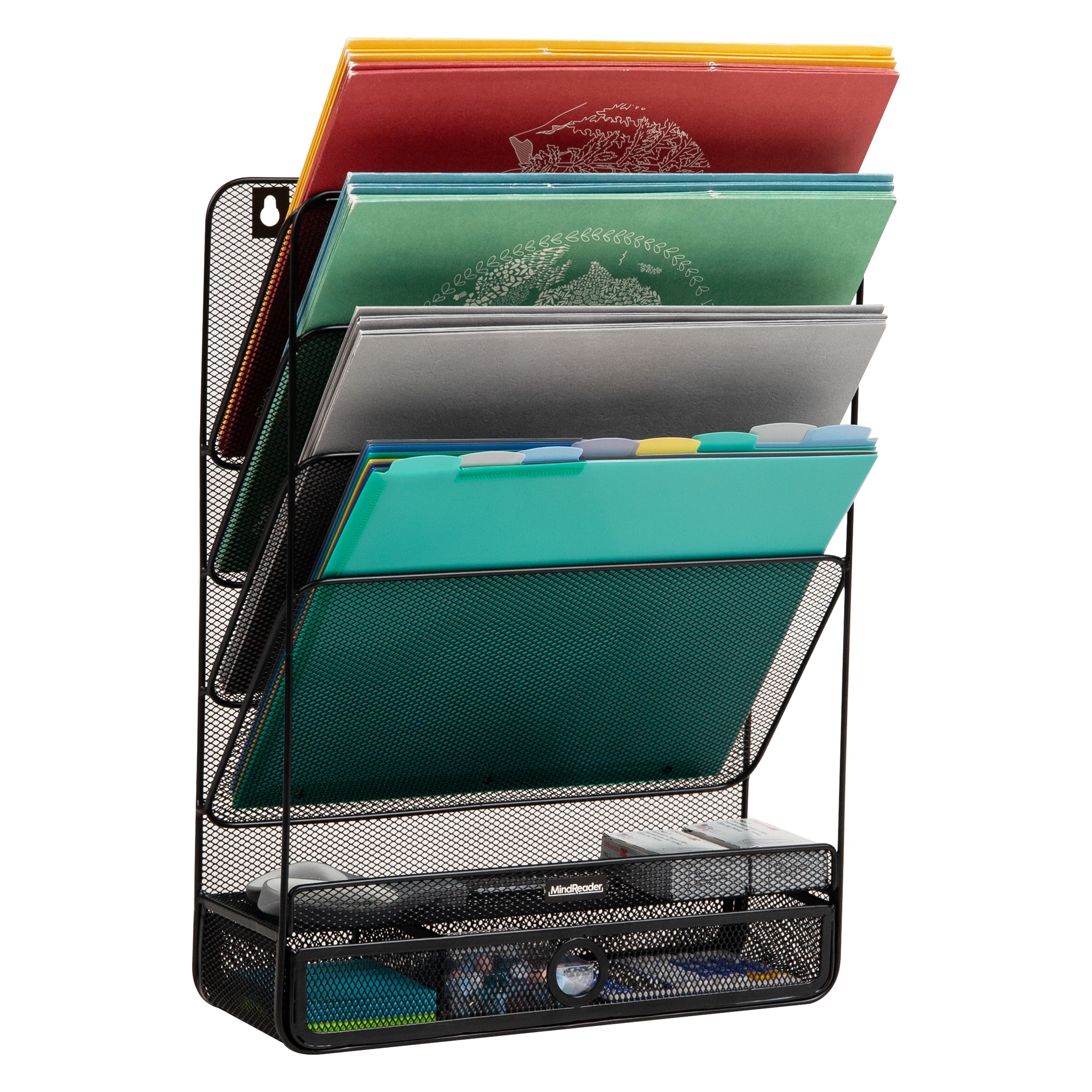 Mind Reader 4-Tier Vertical File Storage, Desktop Organizer, Wall Mount, Office, Metal Mesh, Black