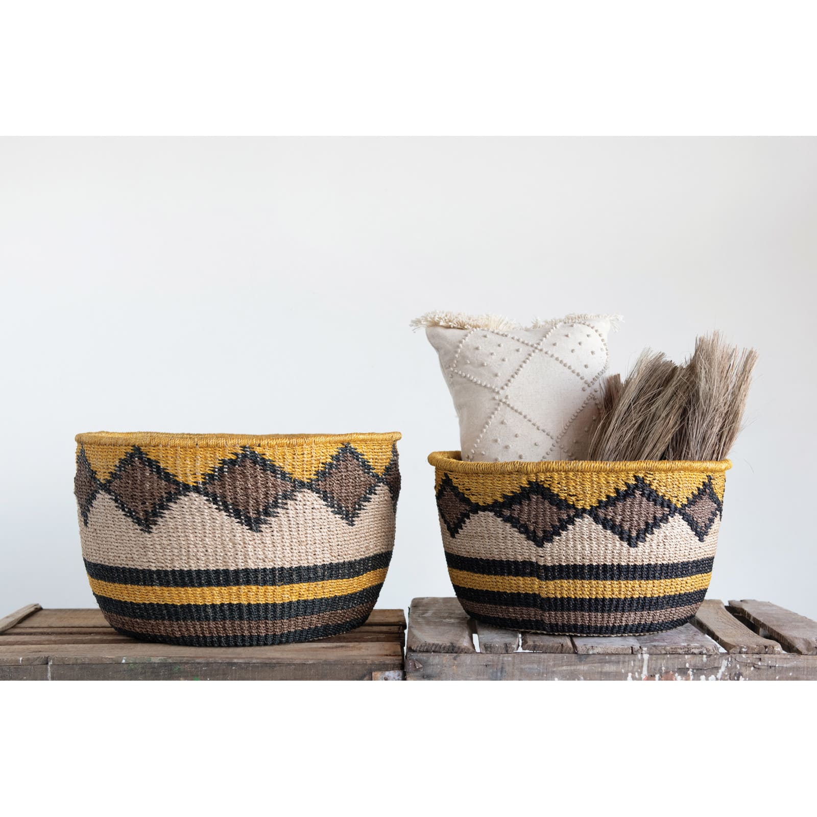Diamond Design & Fringed Ends Cotton & Linen Lumbar Pillow