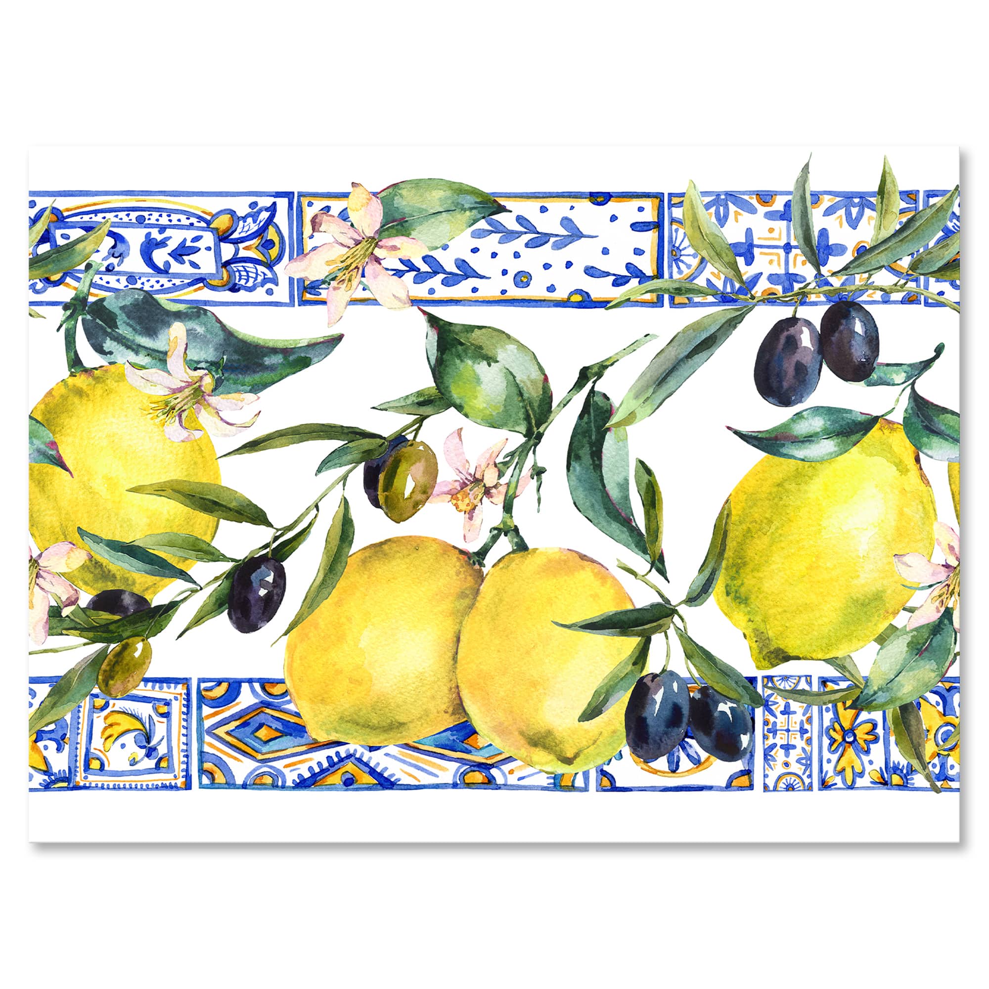 Designart - Lemon Ornament On Blue Geometrical Pattern II - Tropical Canvas Wall Art Print