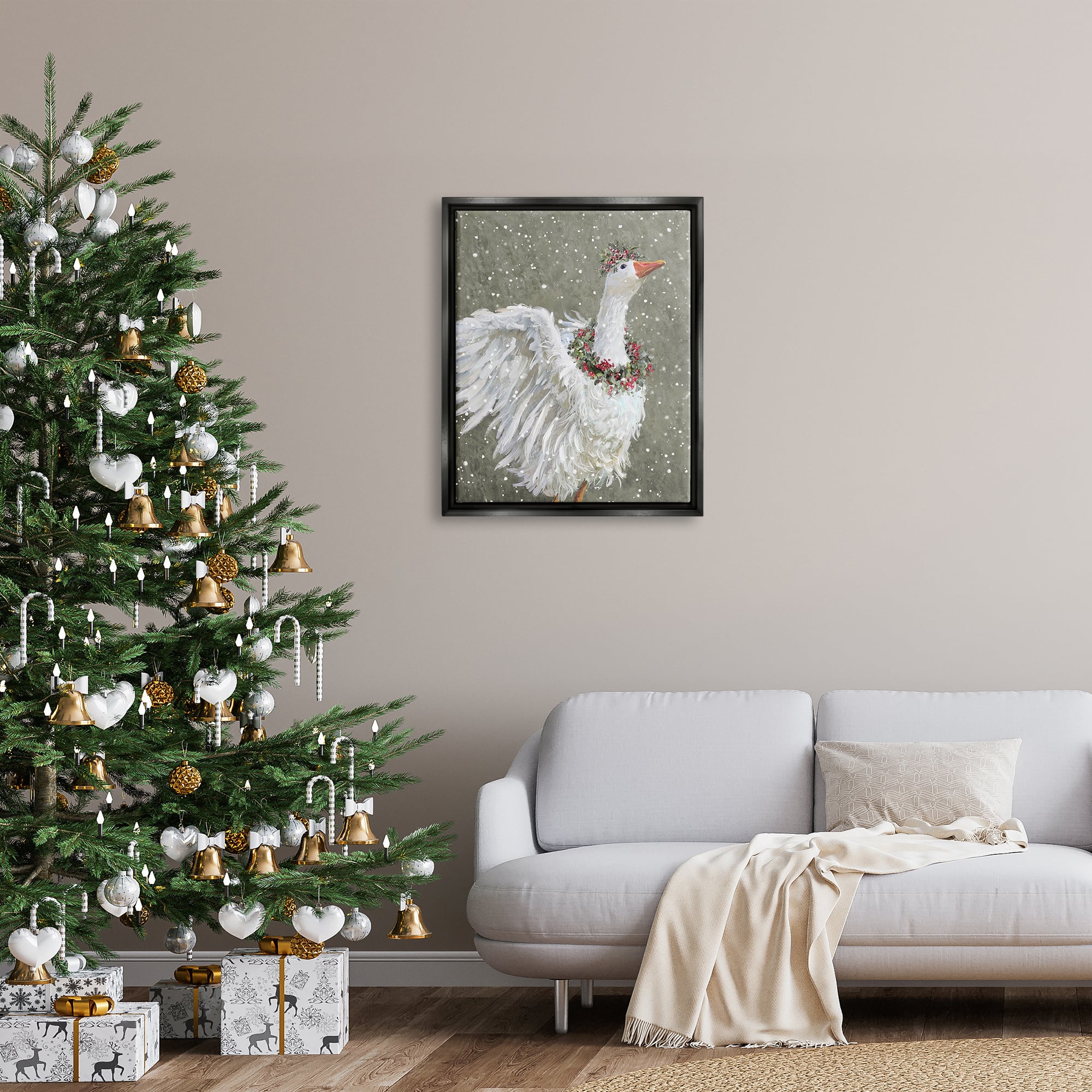 Stupell Industries Winter Goose Seasonal Botanicals Framed Floater Canvas Wall Art