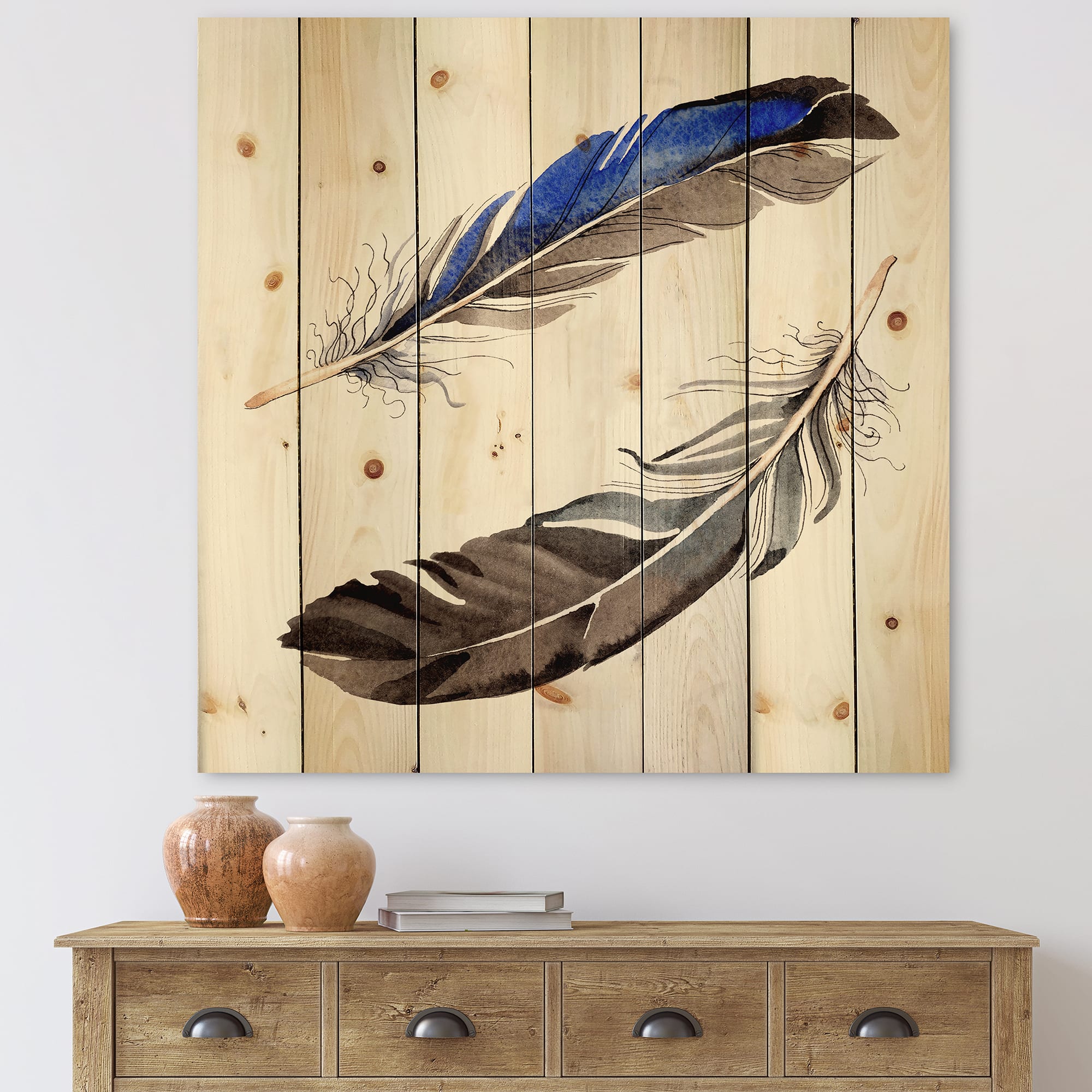 Designart - Colourful Boho Feathers III - Bohemian & Eclectic Print on Natural Pine Wood