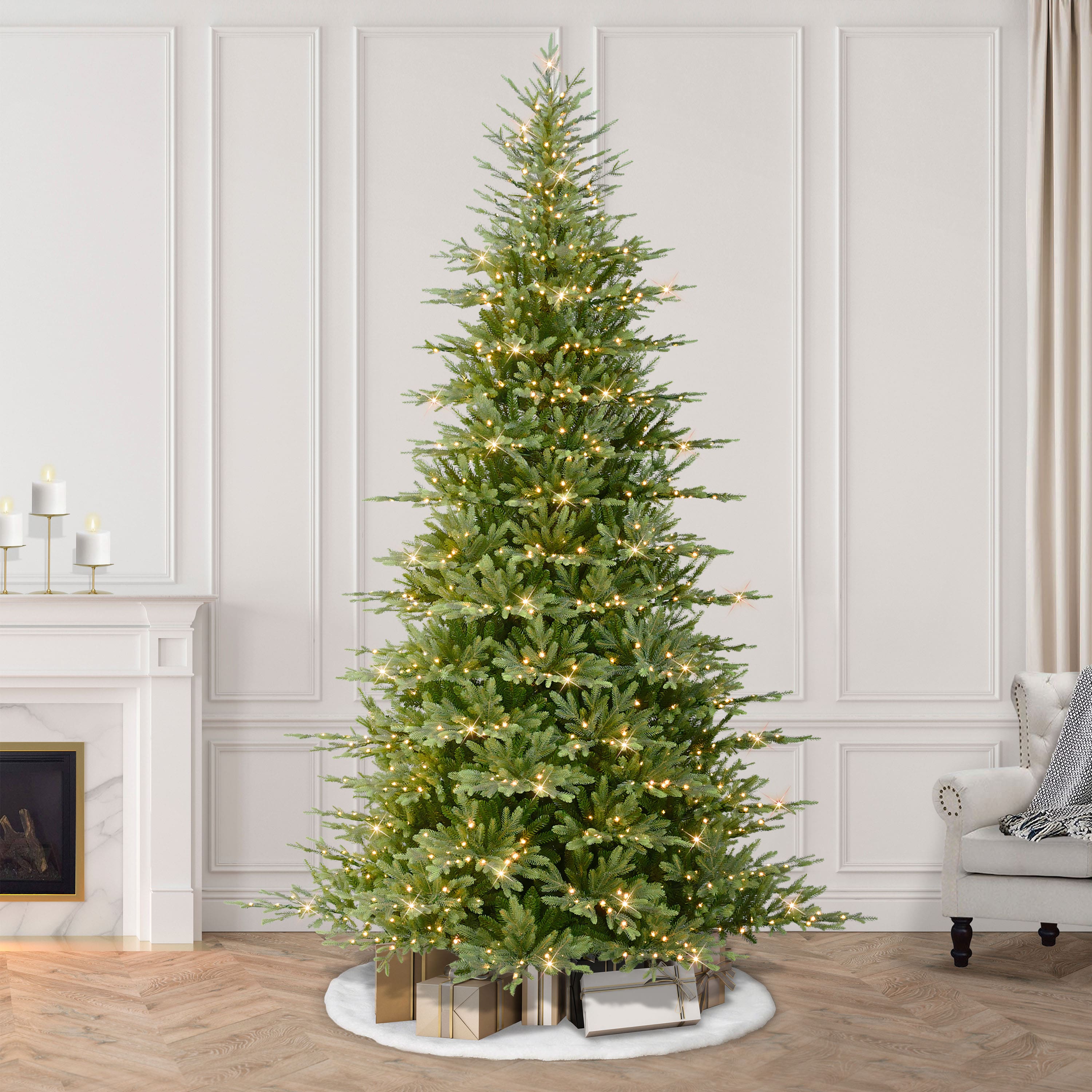 9ft. Pre-Lit Slim Alberta Spruce Artificial Christmas Tree, Warm White Rice LED Lights