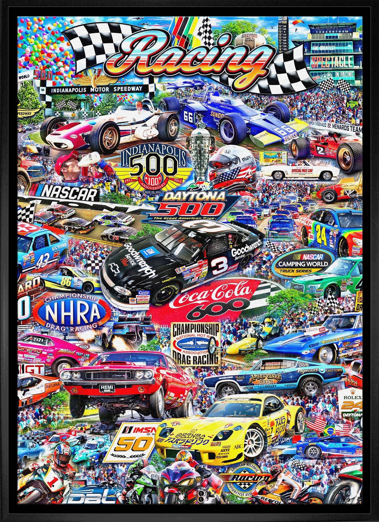 Auto Racing 20" x 29" Framed Canvas By Michel Fishel 22.5" x 31.5"