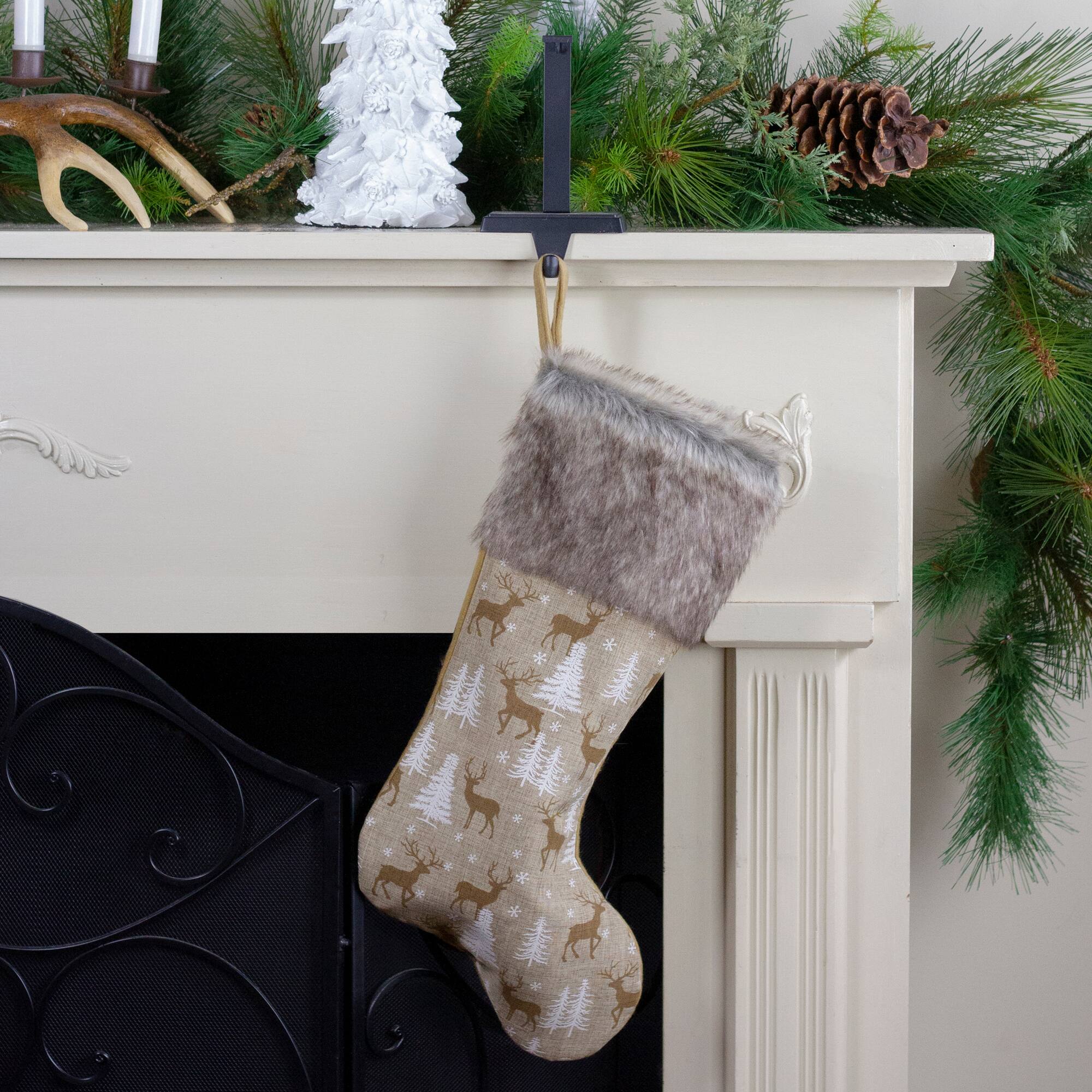 20" Brown Reindeer Christmas Stocking with Faux Fur Cuff