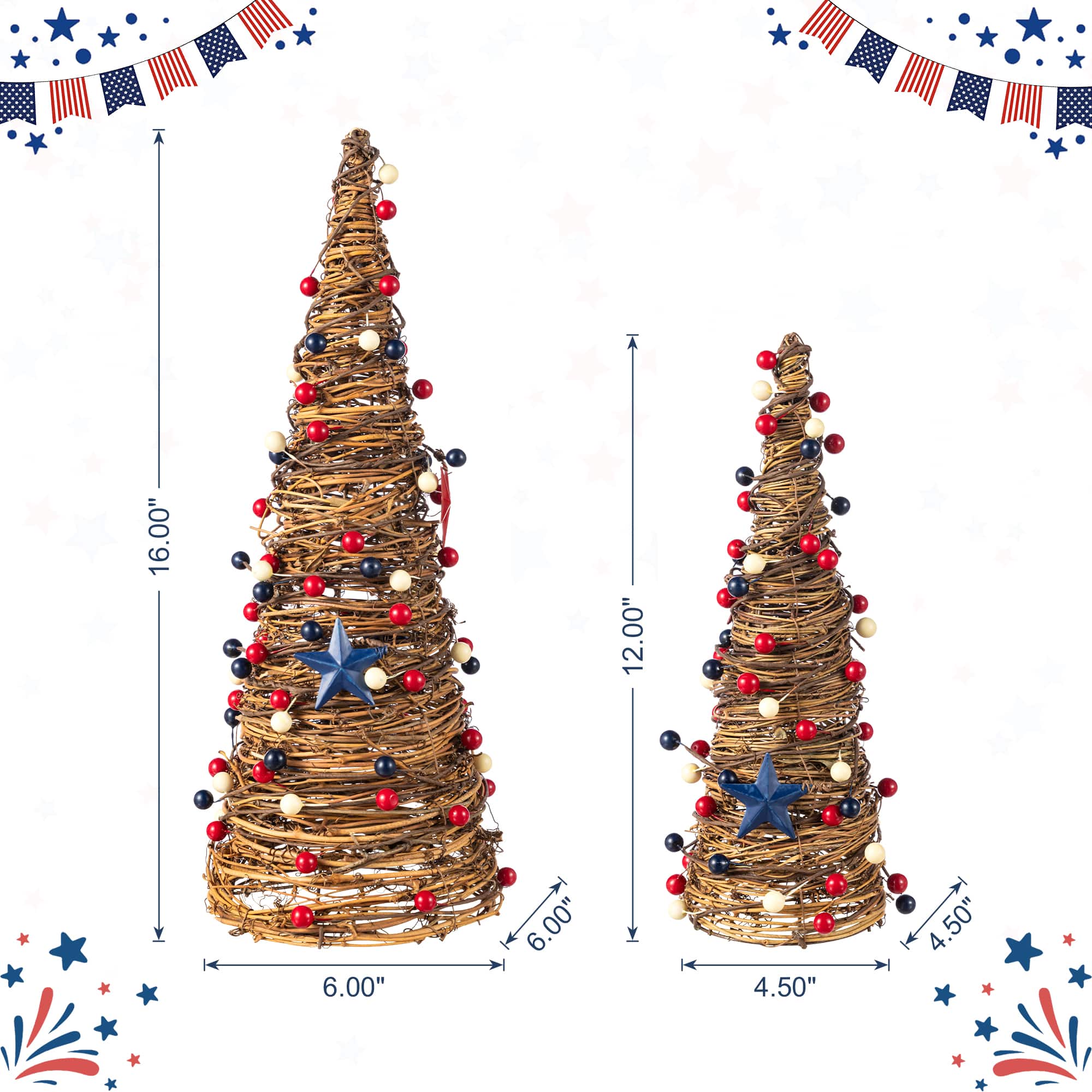Glitzhome® Set of 2 Patriotic Americana Rattan Stars and Berry Cone Table Trees