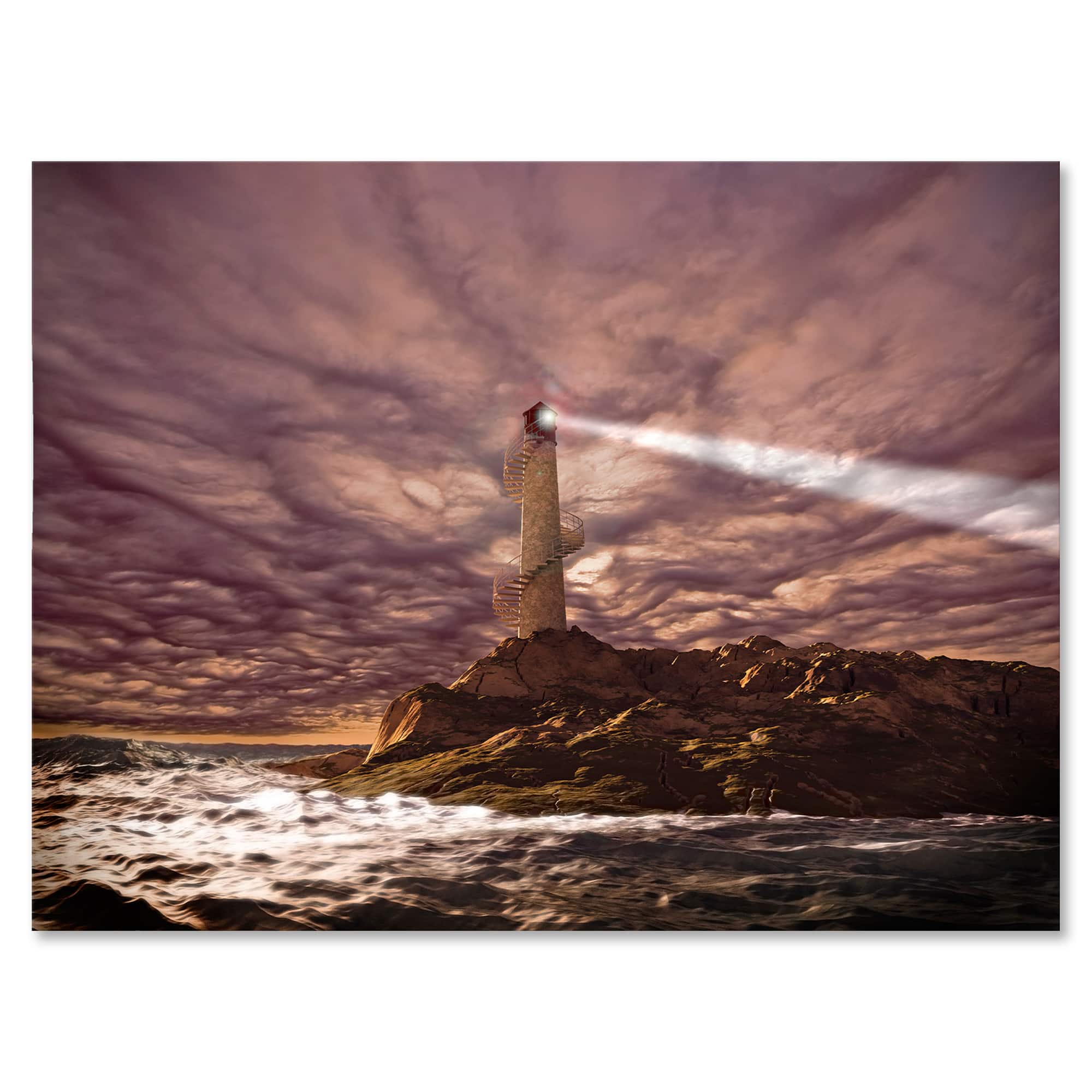 Designart - Lighthouse Shining Light During Stormy Night I